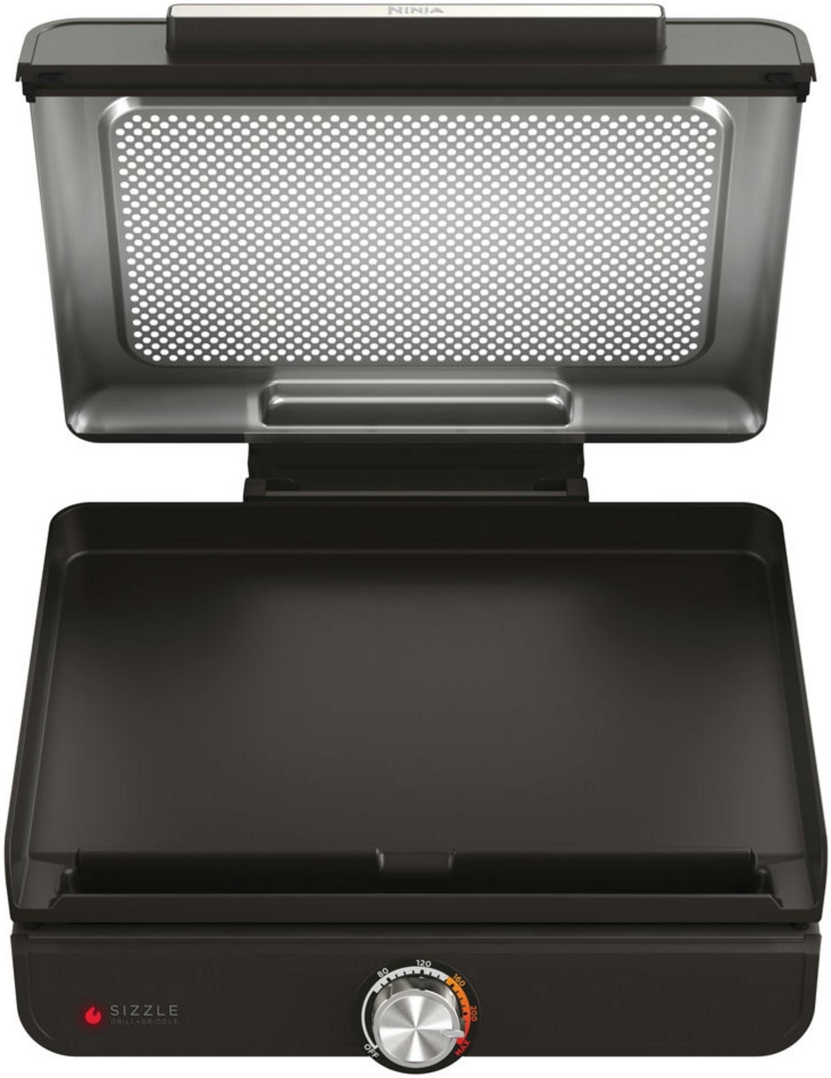 Otwarty czarny grill z perforowaną metalową pokrywą i pokrętłem temperatury.