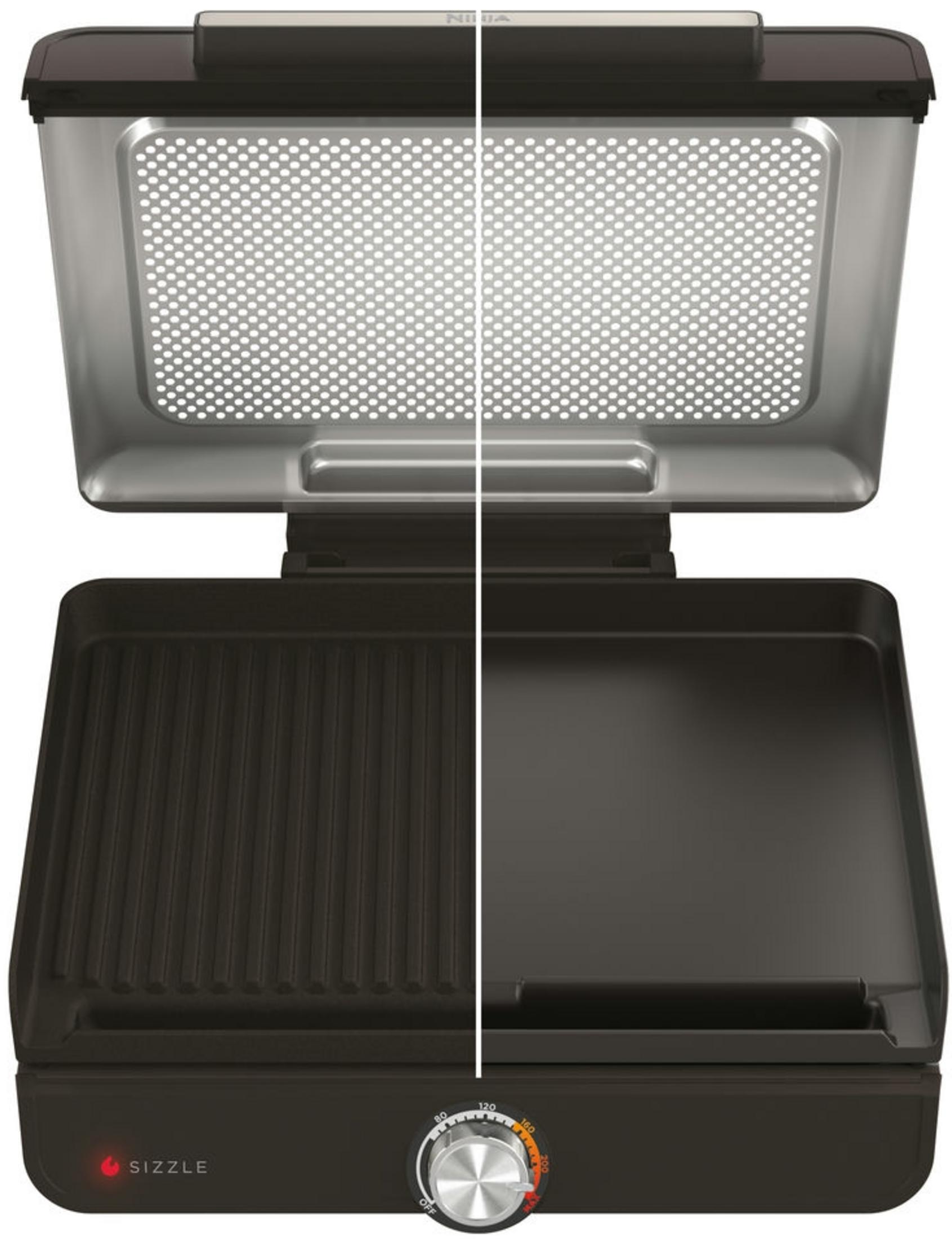 Grill Ninja z żebrowaną i gładką płytą, otwarty.