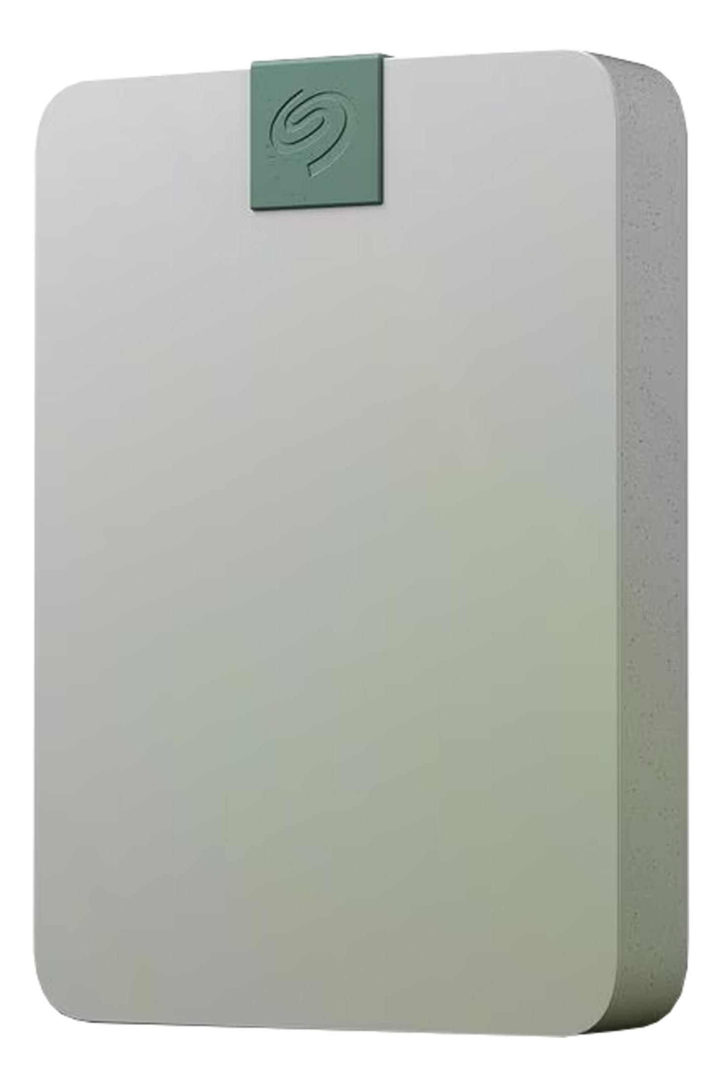 Szary dysk zewnętrzny z zielonym logo Seagate na górze.