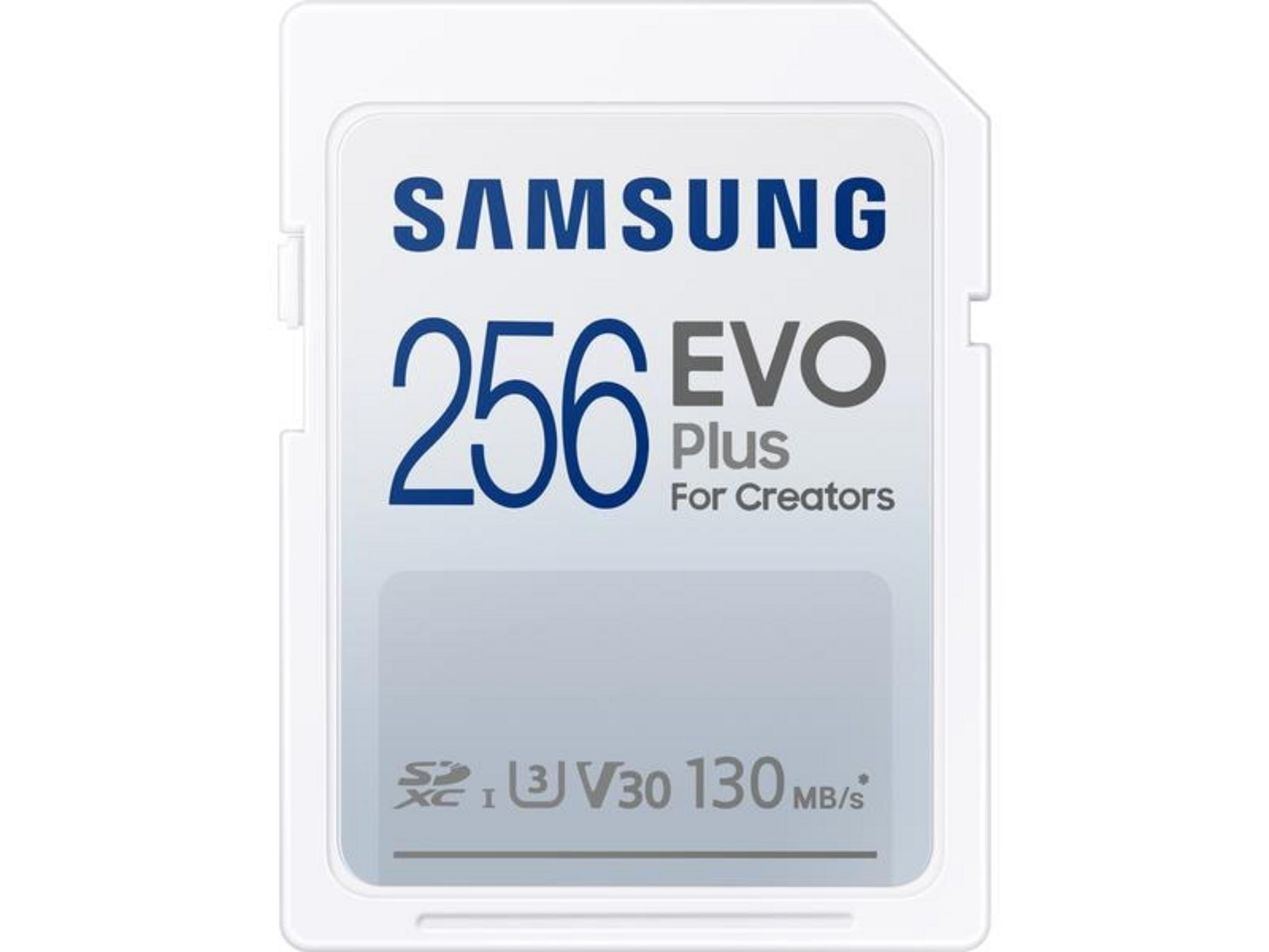 Samsung 256 GB EVO Plus SD-kaart met 130 MB/s lezen en V30-snelheid.
