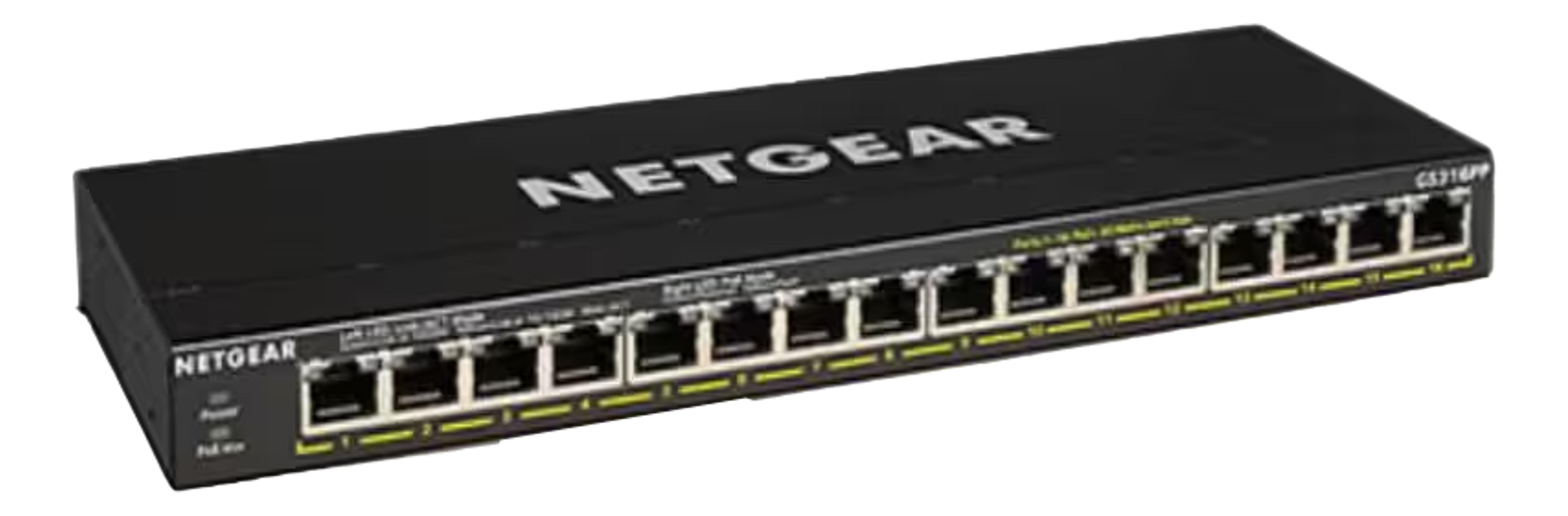 Czarny przełącznik Netgear GS316PP Gigabit Ethernet 16-portowy z portami z przodu.