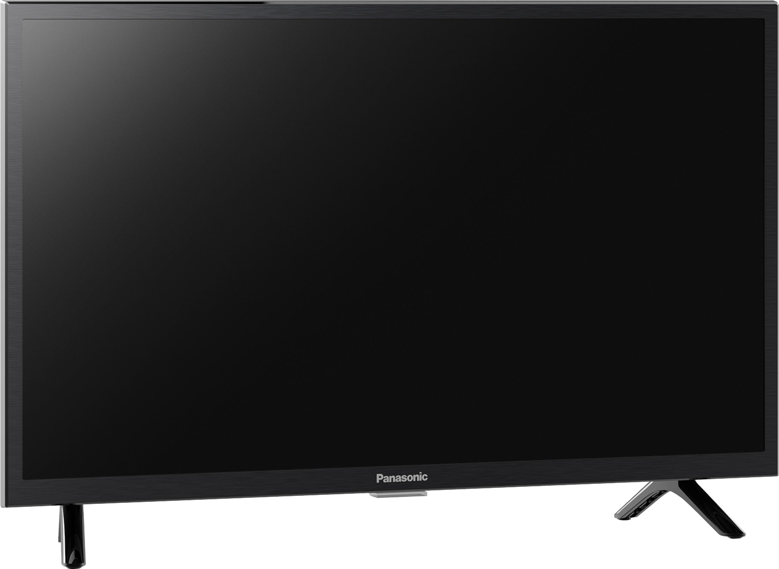 Czarny telewizor Panasonic z płaskim ekranem i srebrnymi nogami.