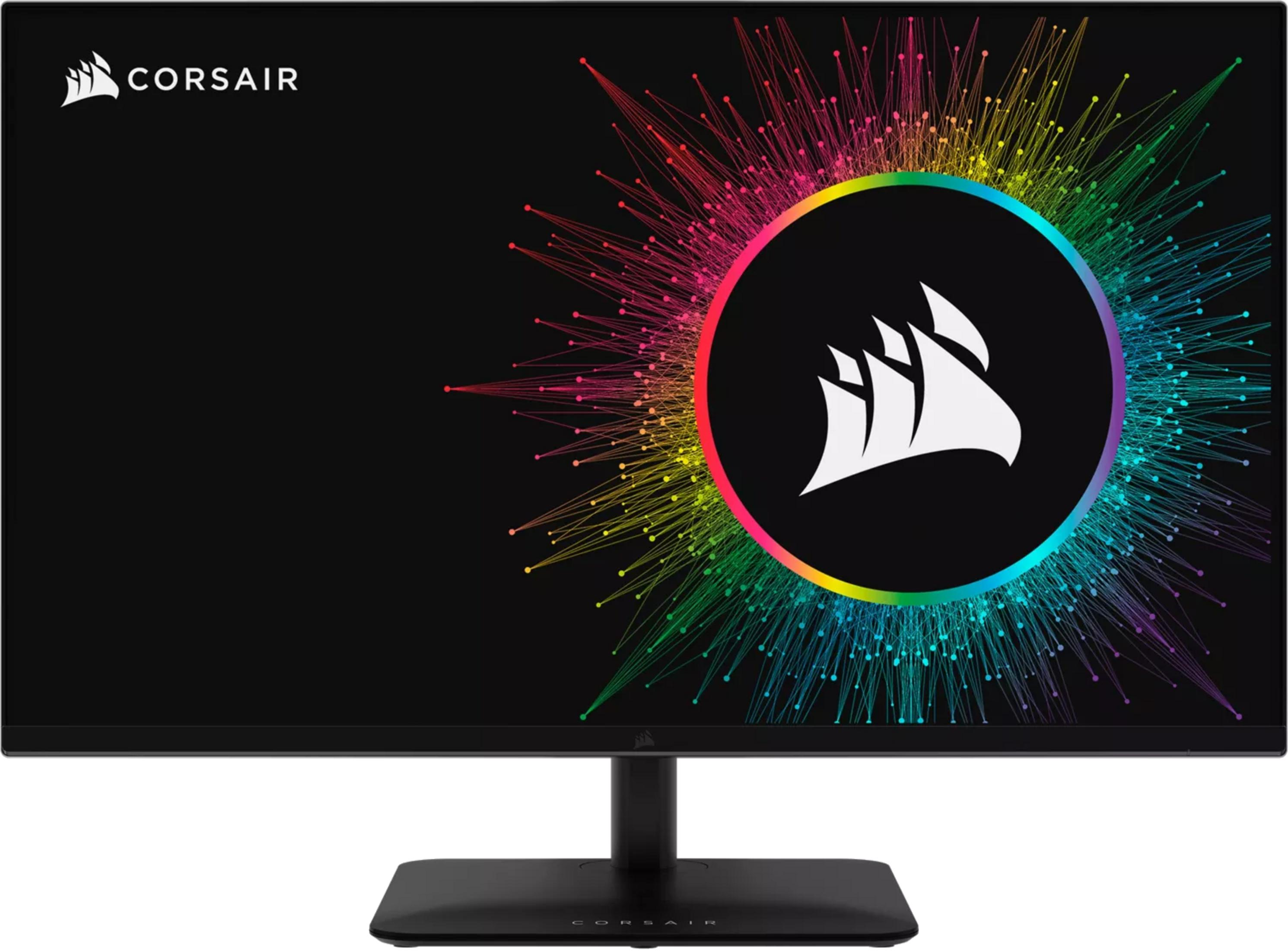 Logo Corsair na czarnym monitorze z kolorowym efektem świetlnym.