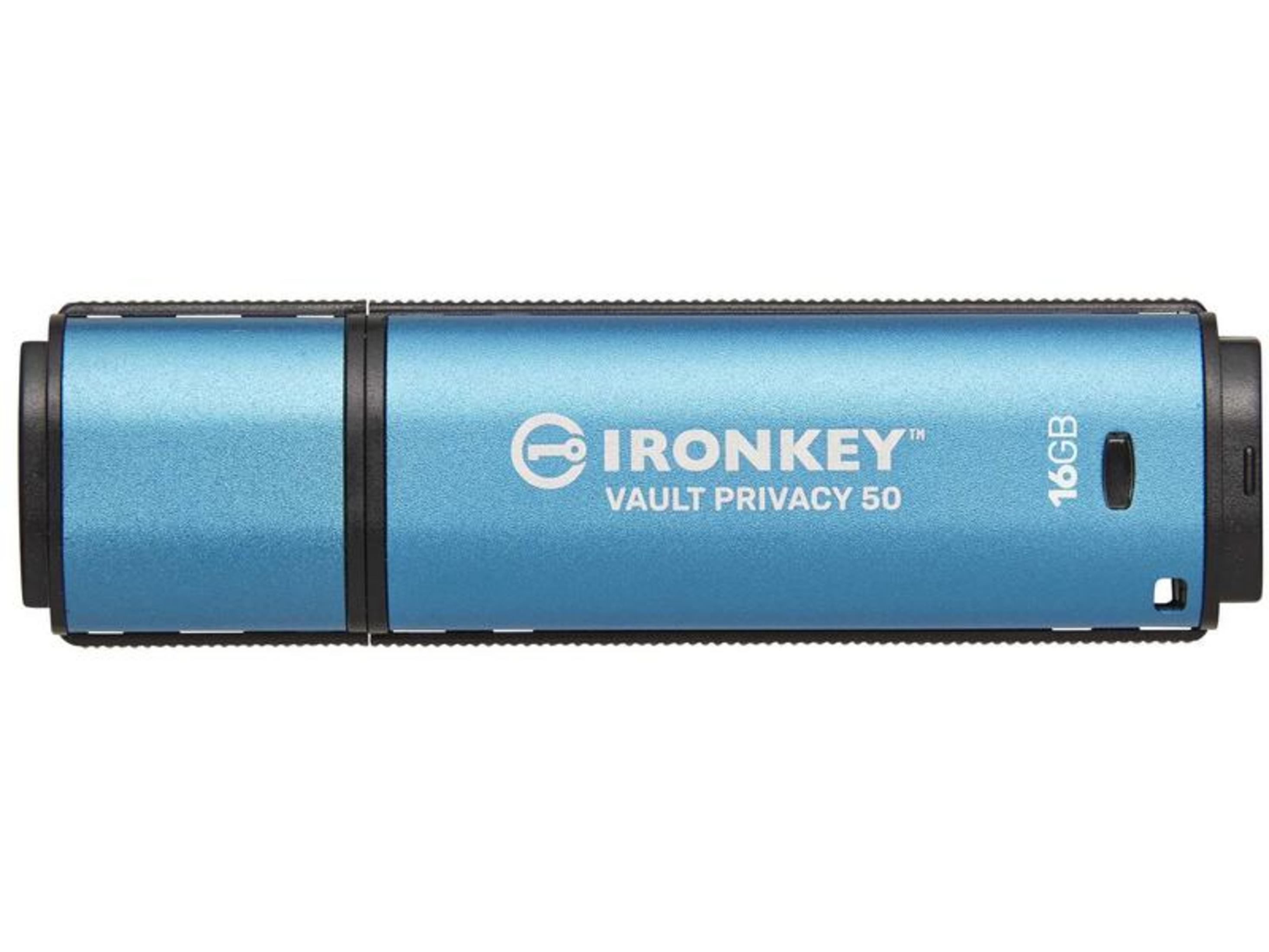 Niebieski pendrive z napisem "IRONKEY VAULT PRIVACY 50 16GB".