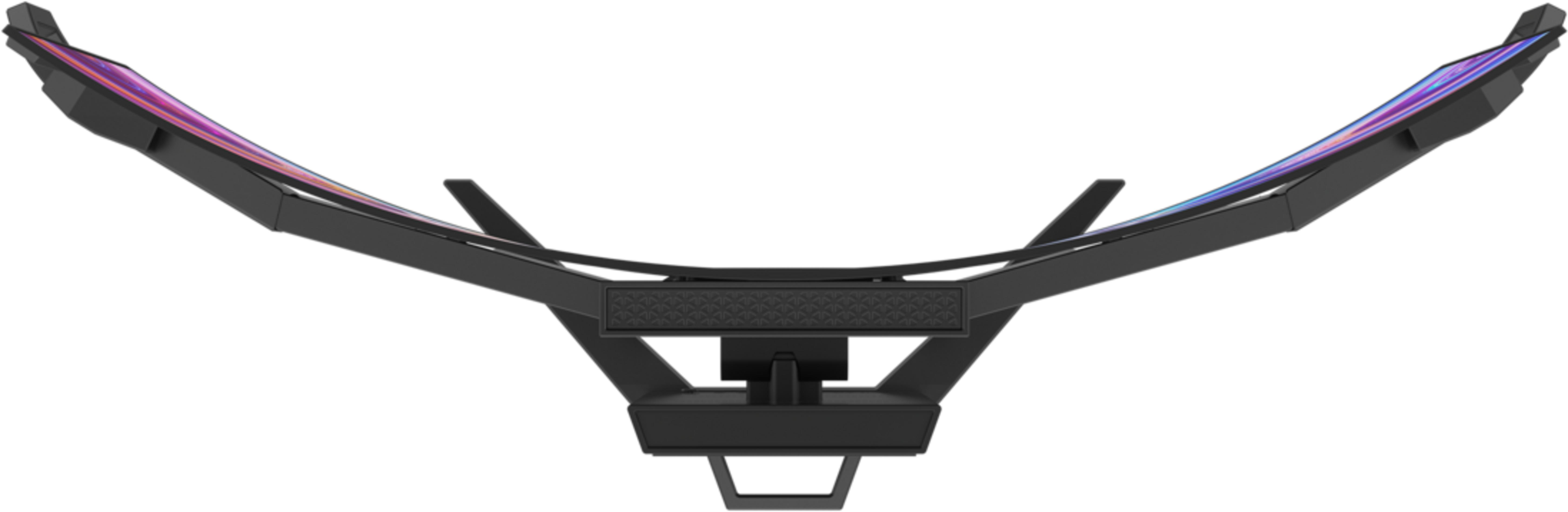 Czarny, zakrzywiony monitor z kolorowymi światłami na ekranie.