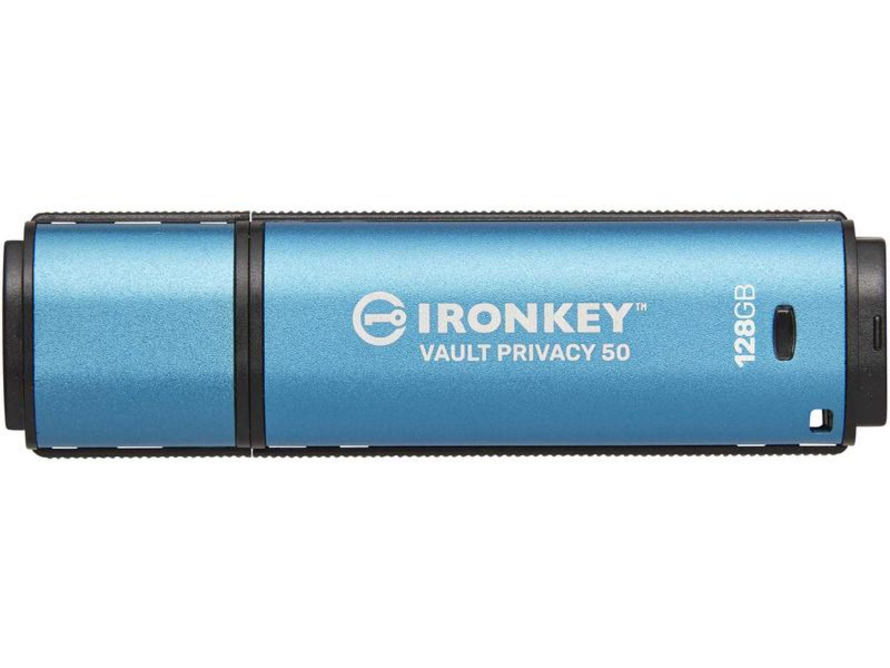 Niebieski pendrive z napisem „IronKey” i „128 GB”.