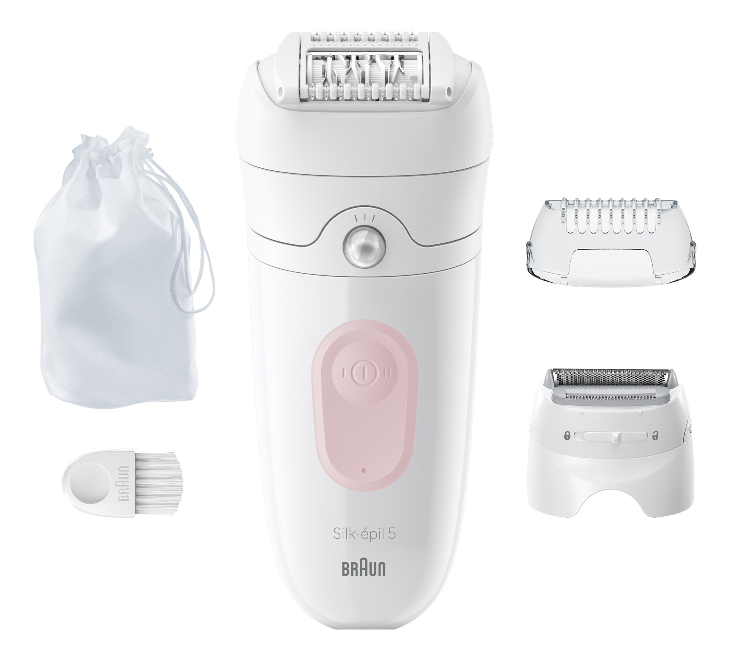 Biały depilator z akcesoriami: woreczek, szczoteczka i nasadki.