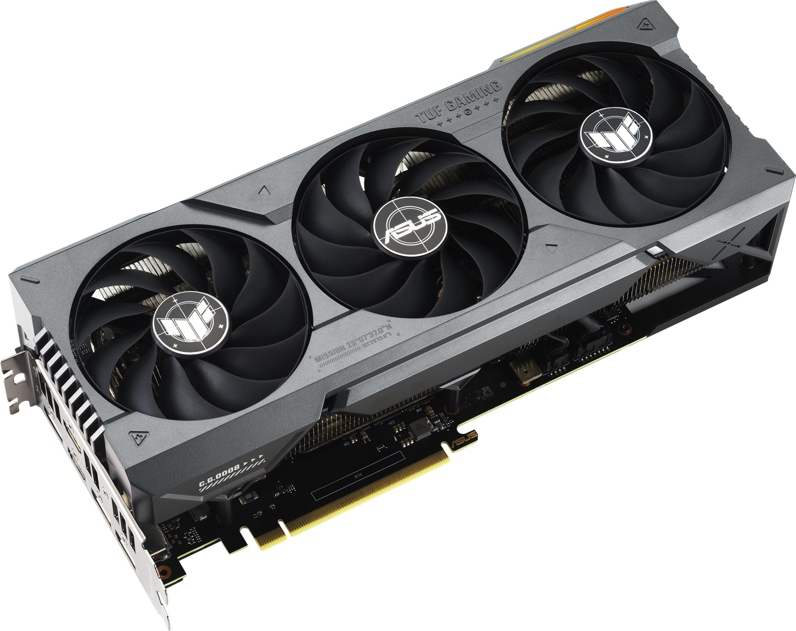 Una scheda grafica Asus TUF Gaming grigia con tre ventole, su sfondo bianco.