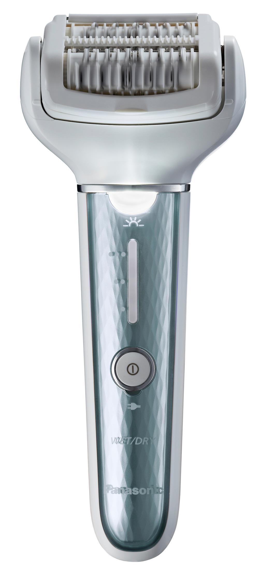 Un epilatore Panasonic bianco con accenti argentati e un pulsante.