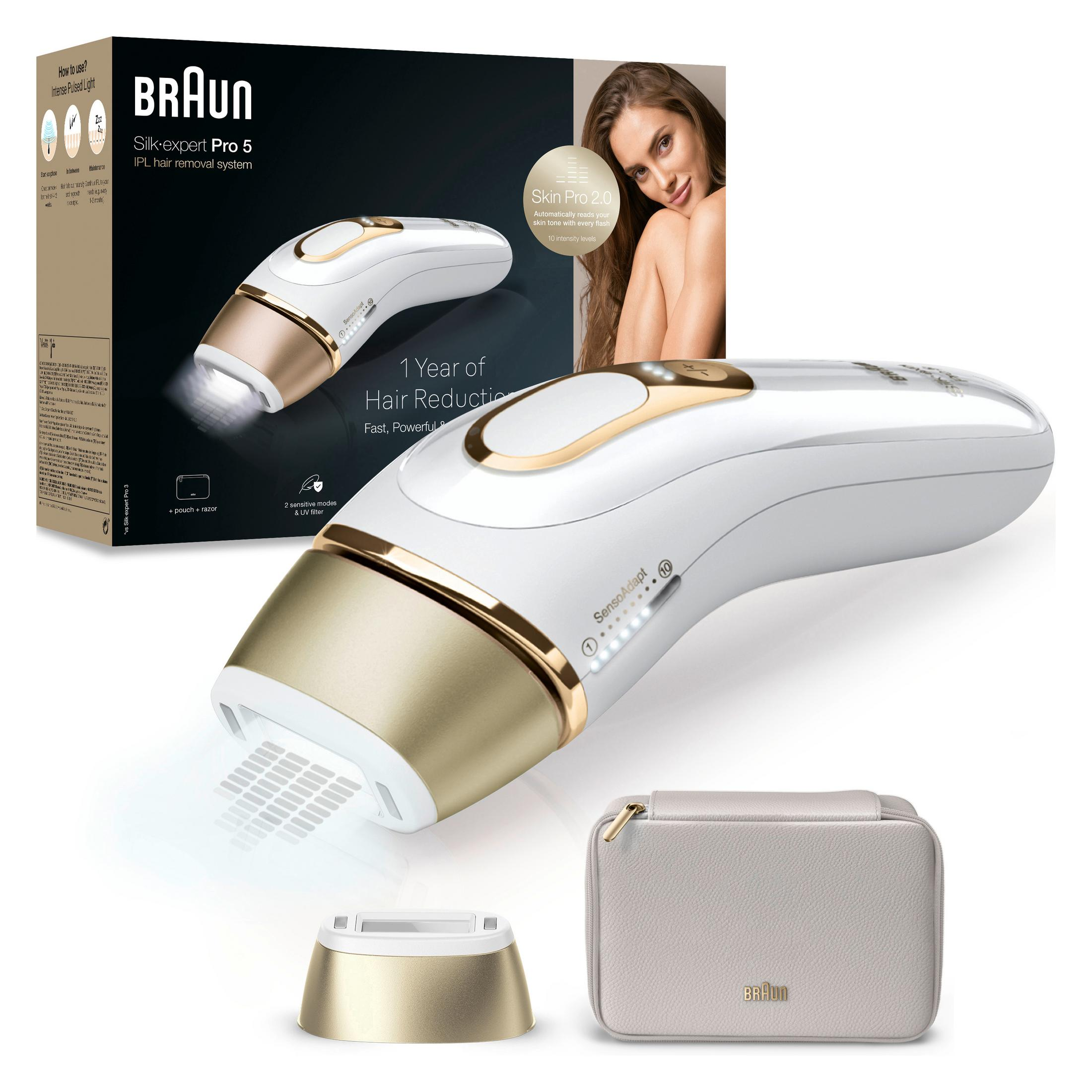 Depilator IPL Braun Silk-expert Pro 5 z kosmetyczką i stacją ładującą.