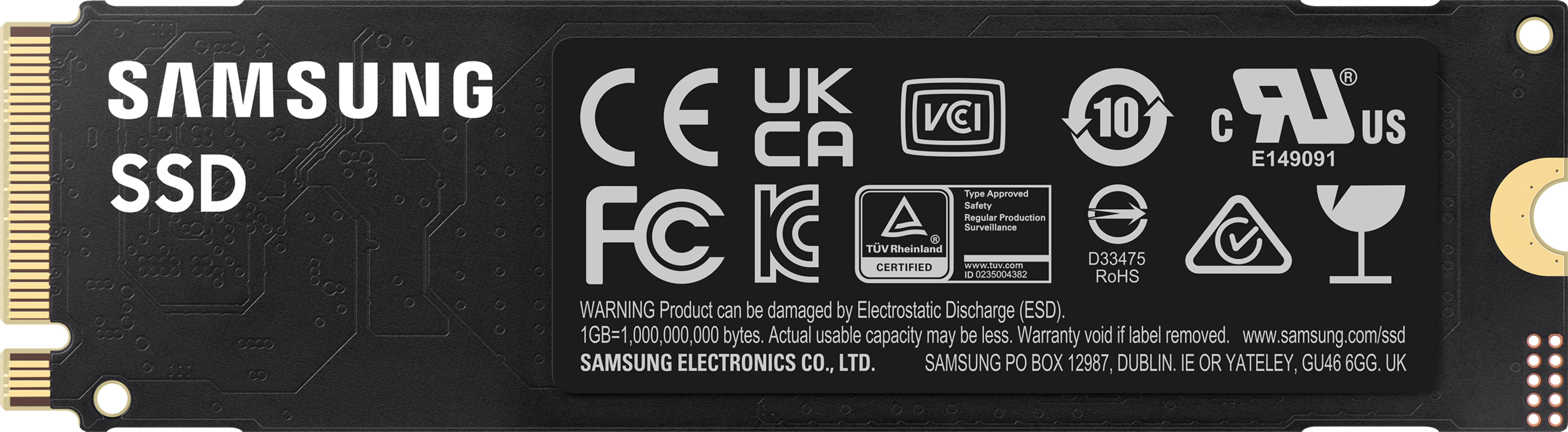SSD Samsung con logos de certificación y advertencias. PCB negro.
