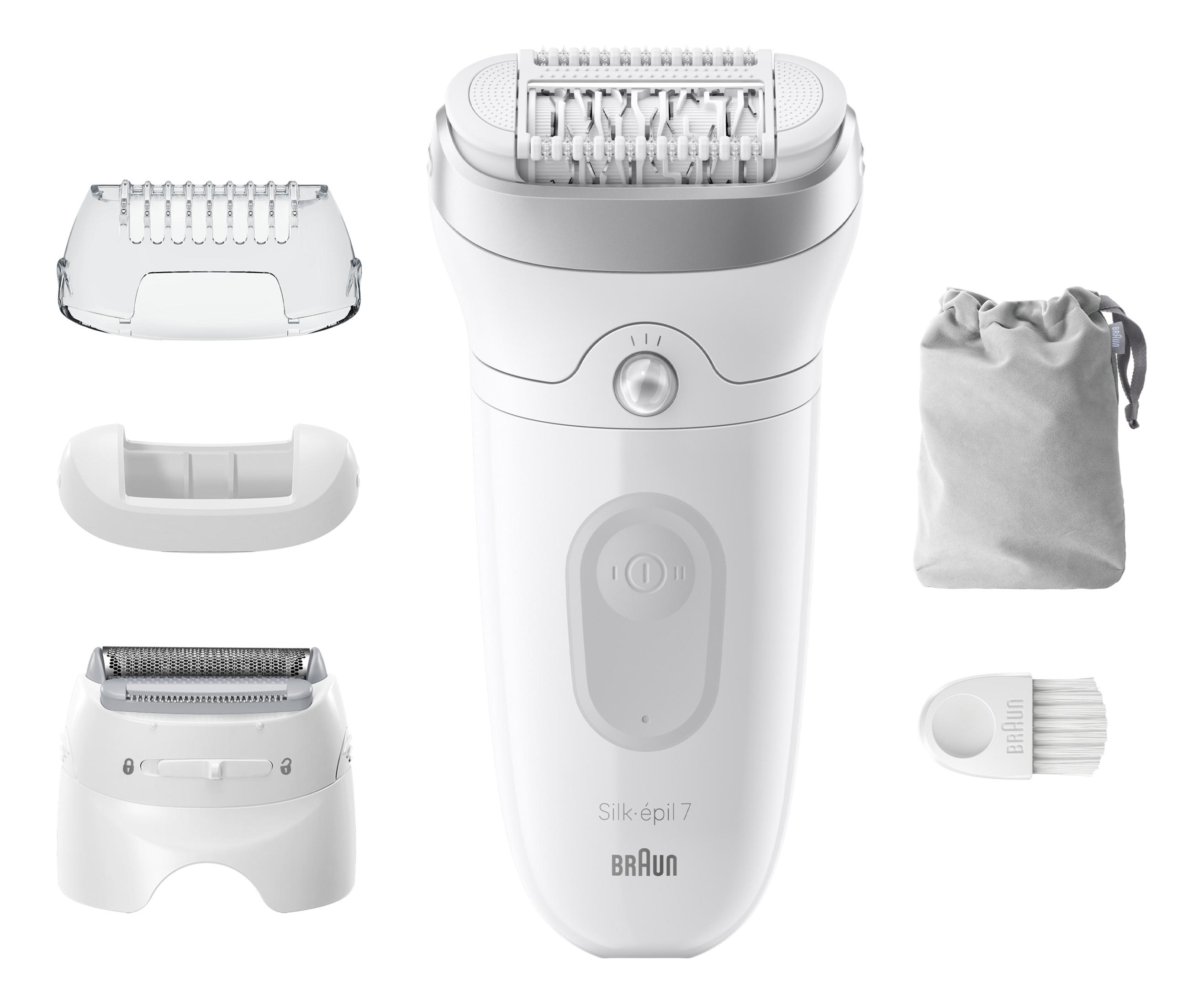 Biały depilator z nasadkami, etui i szczoteczką do czyszczenia.