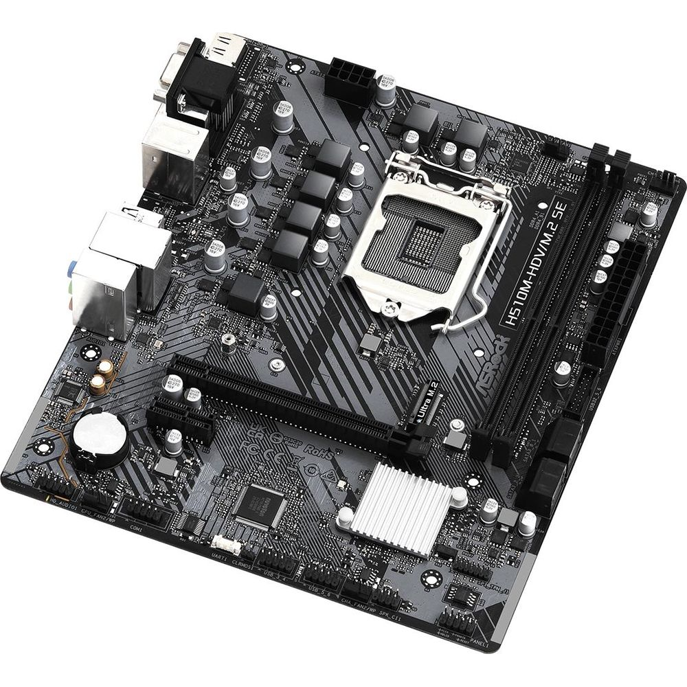 Płyta główna ASRock H510M-HDV/M.2 SE z gniazdem CPU, slotami RAM i portami.