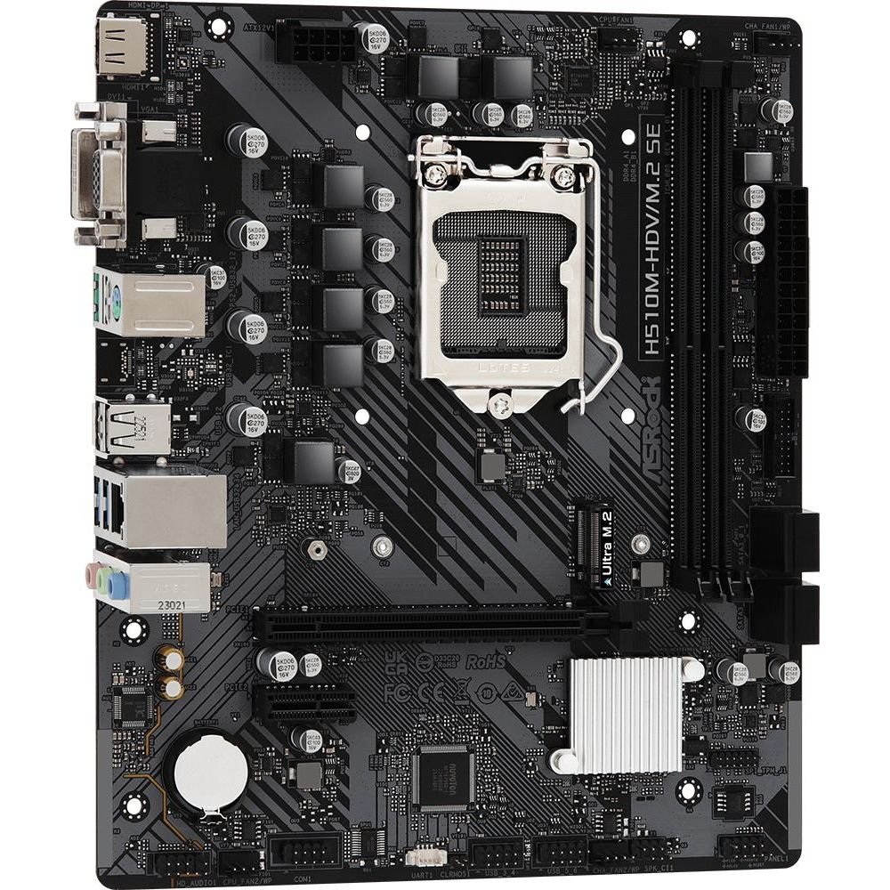 Czarna płyta główna ASRock H510M-HDV/M.2 SE z gniazdem procesora, slotami RAM i portami.