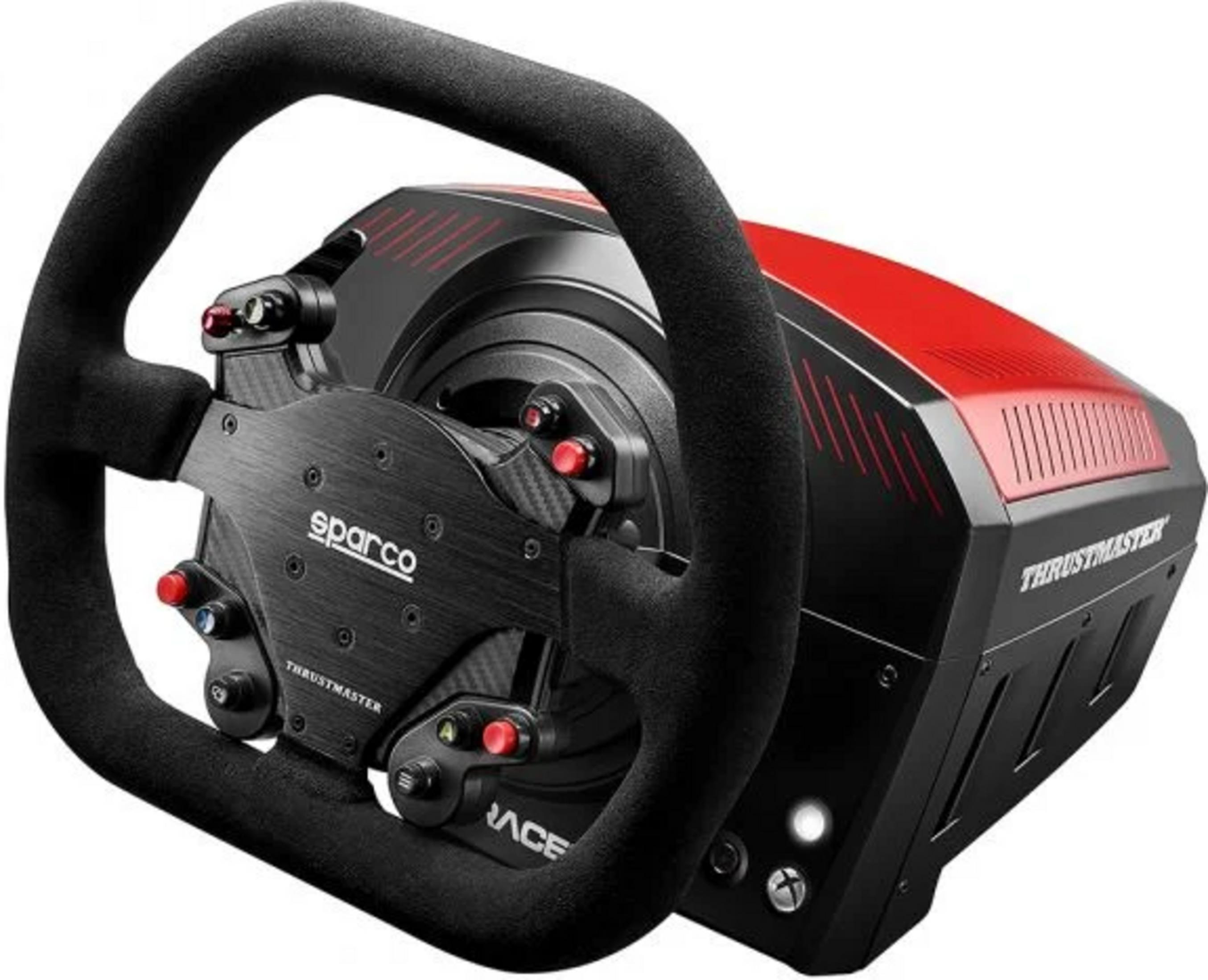 A black racing wheel with a red and black base, featuring the Sparco logo.