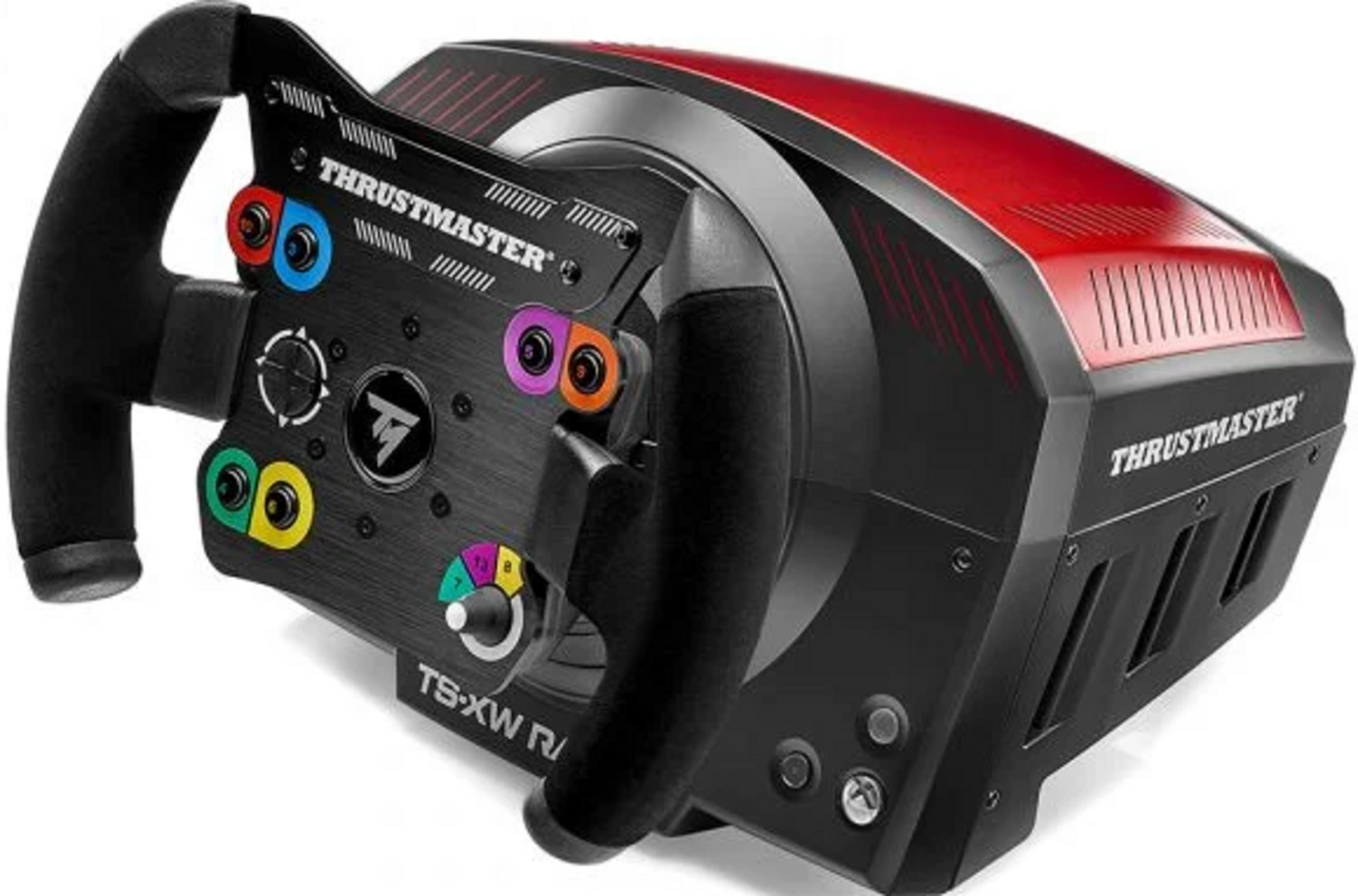 A black Thrustmaster racing wheel with red accents and colorful buttons.