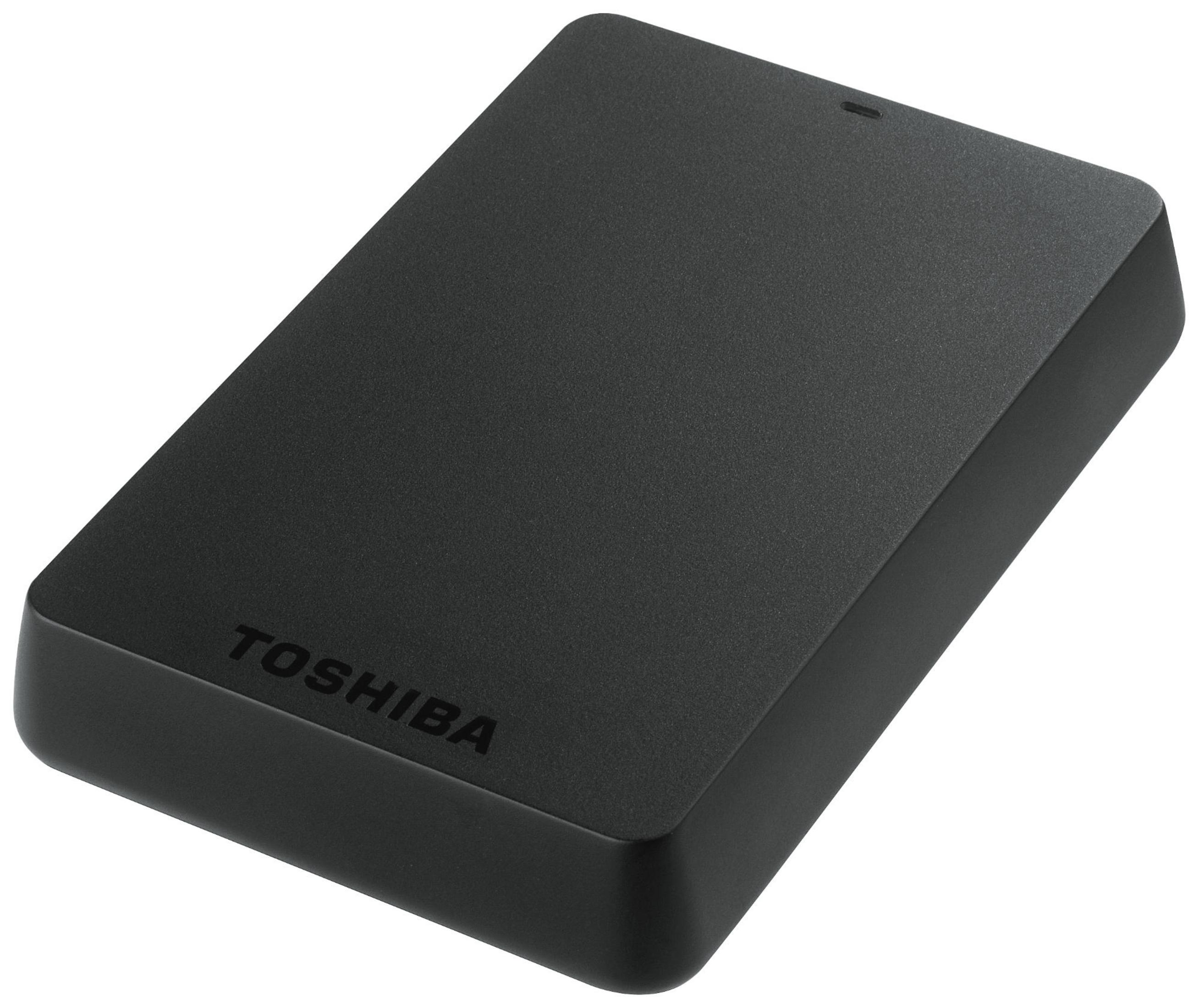 Hard disk esterno Toshiba nero con superficie leggermente testurizzata e bordi arrotondati.