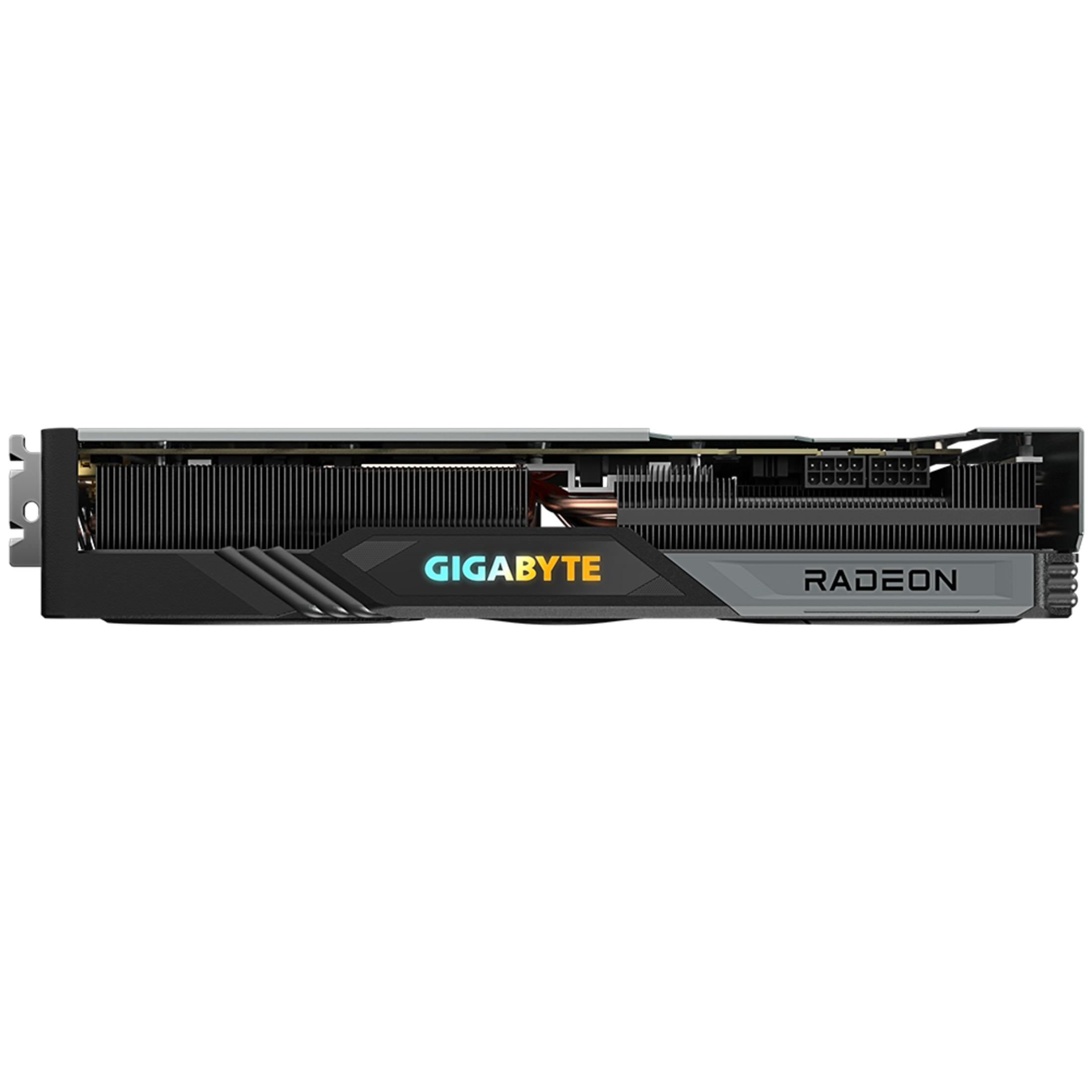 Gigabyte Radeon Grafikkarte mit Kühlkörper und Stromanschlüssen.