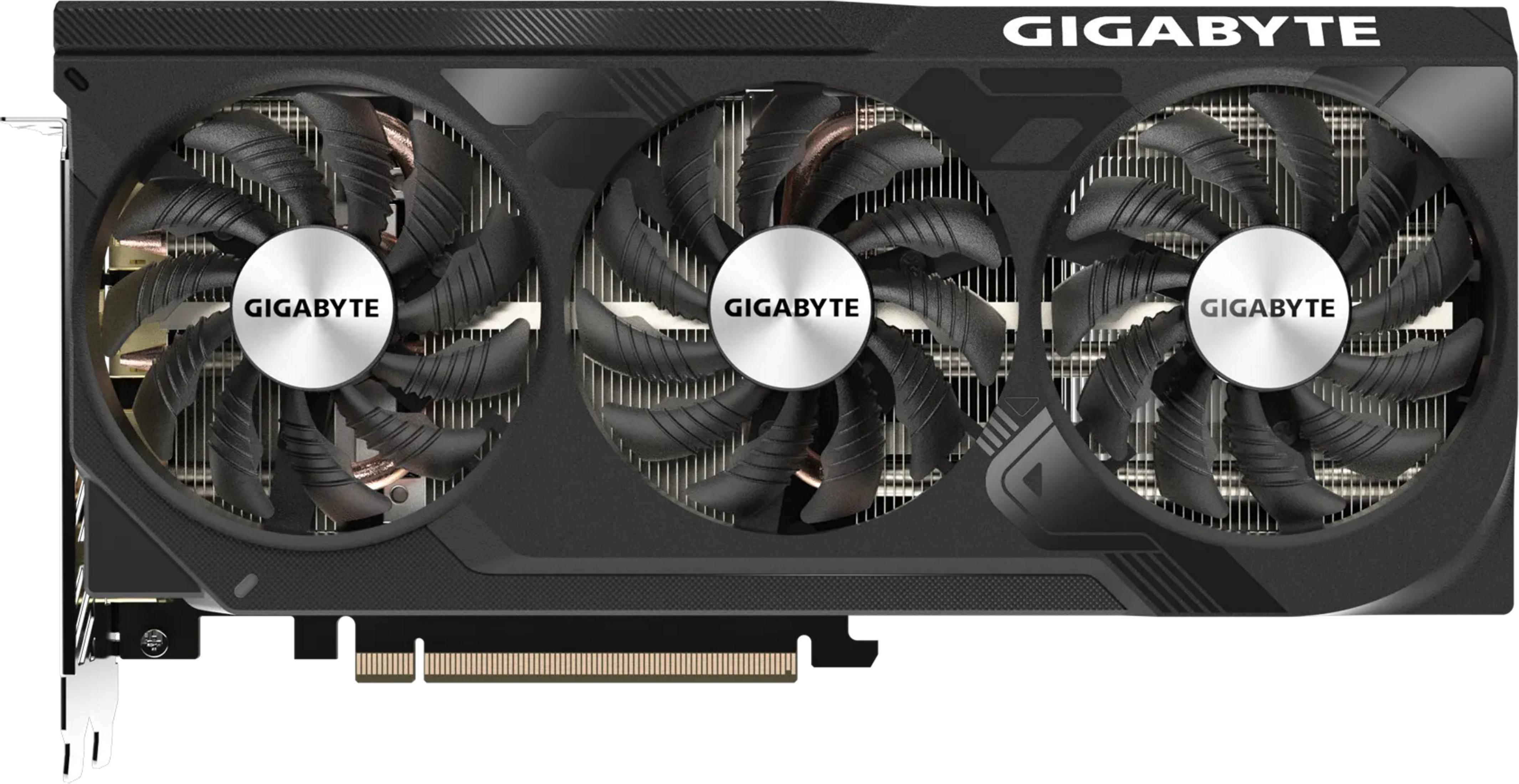 Scheda grafica nera con tre ventole e loghi Gigabyte argentati.