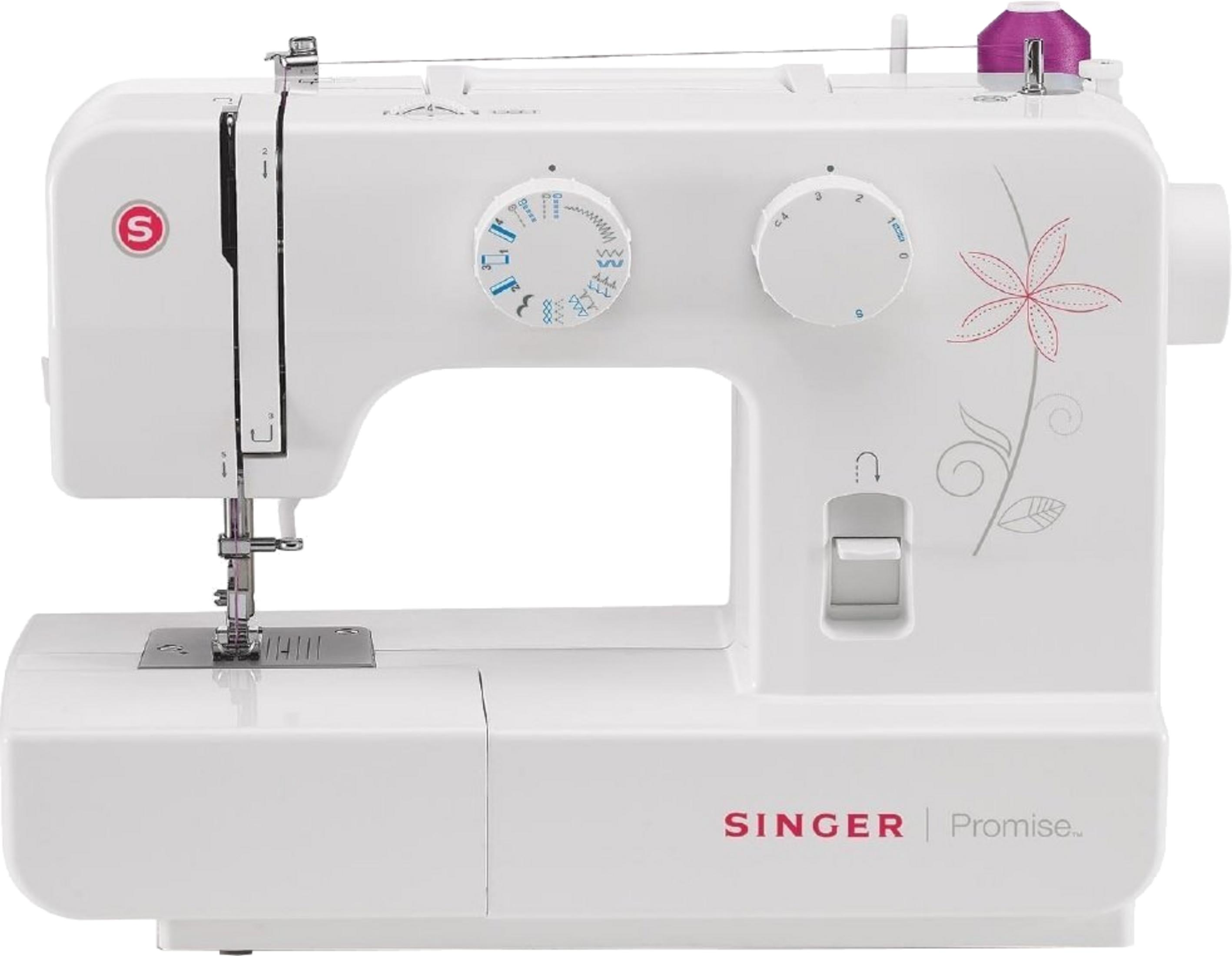 Biała maszyna do szycia Singer z fioletową szpulą nici i wzorem kwiatowym.