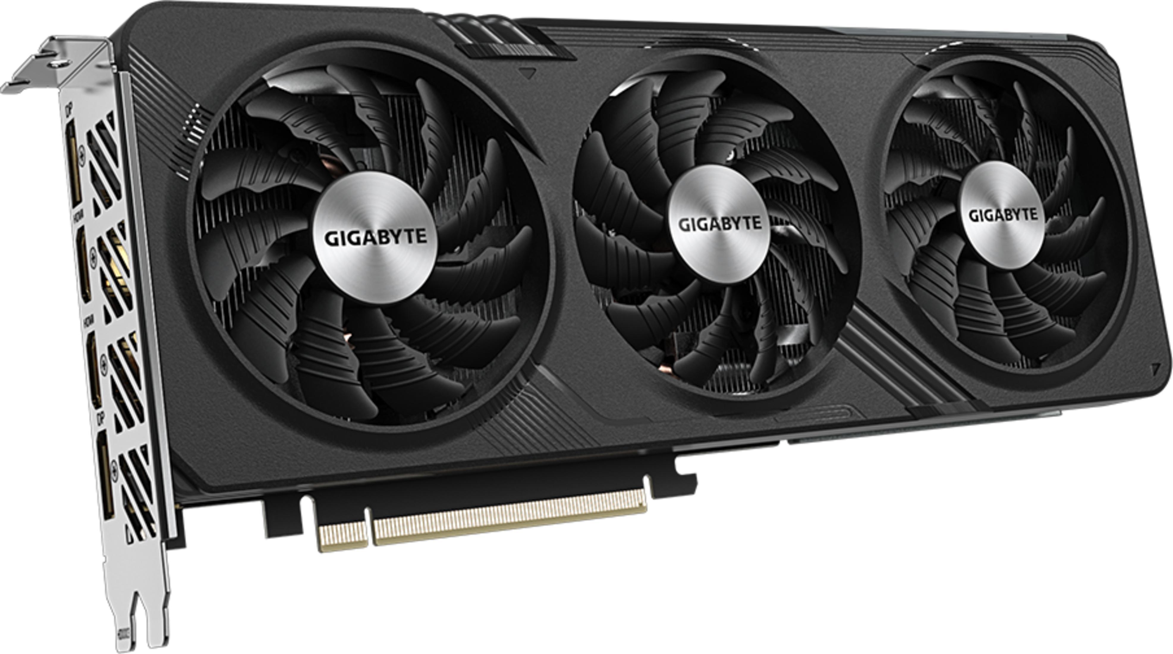 Ein schwarzes Gigabyte Grafikkartenlüftermodul mit drei Lüftern und metallischem Anschluss.