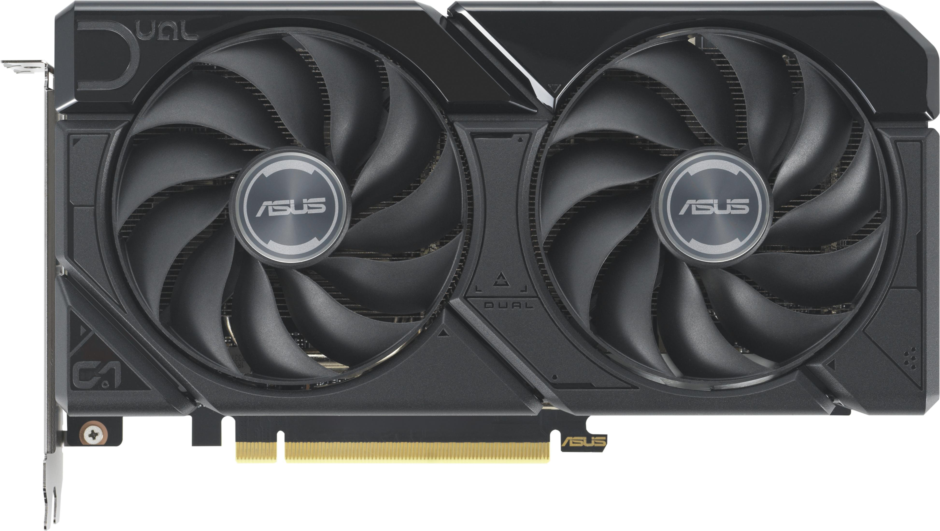 Tarjeta gráfica negra con dos ventiladores y logo de ASUS.