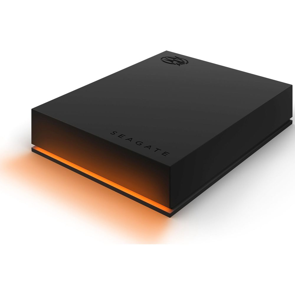 Czarny dysk zewnętrzny z pomarańczowym podświetleniem i logo Seagate.