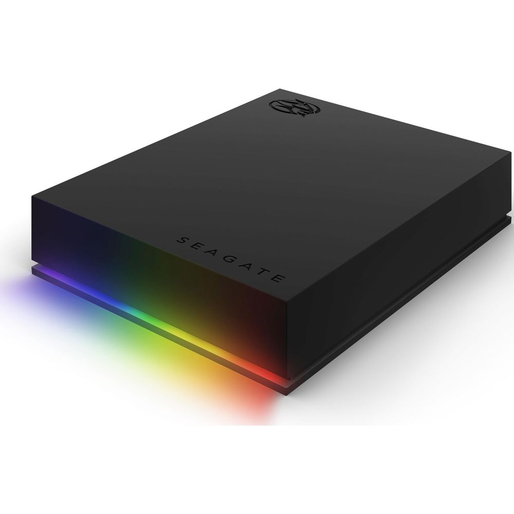 Czarny dysk zewnętrzny z logo Seagate i kolorowym podświetleniem.