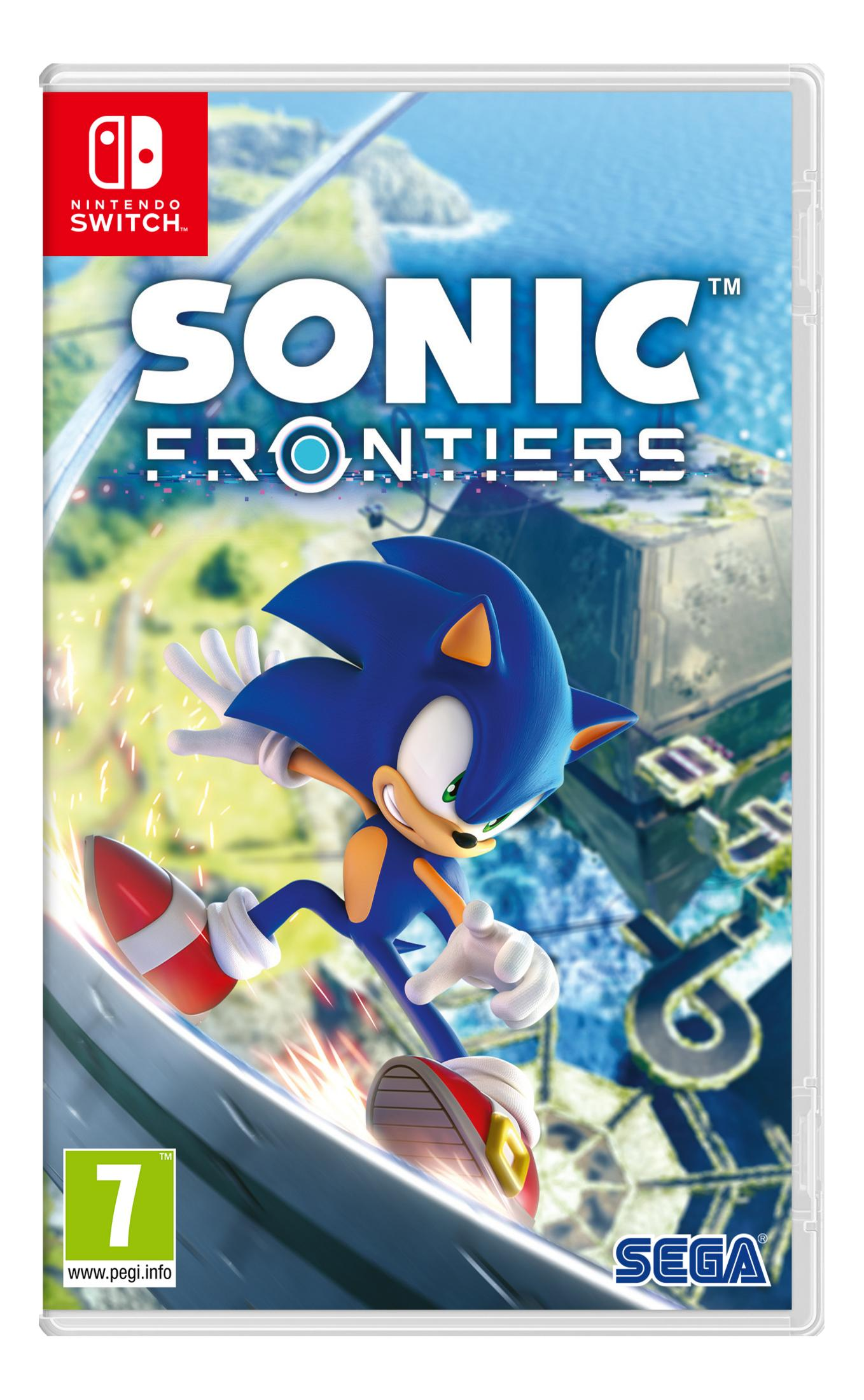 Sonic sfreccia su un binario, copertina gioco Nintendo Switch con paesaggi verdi.