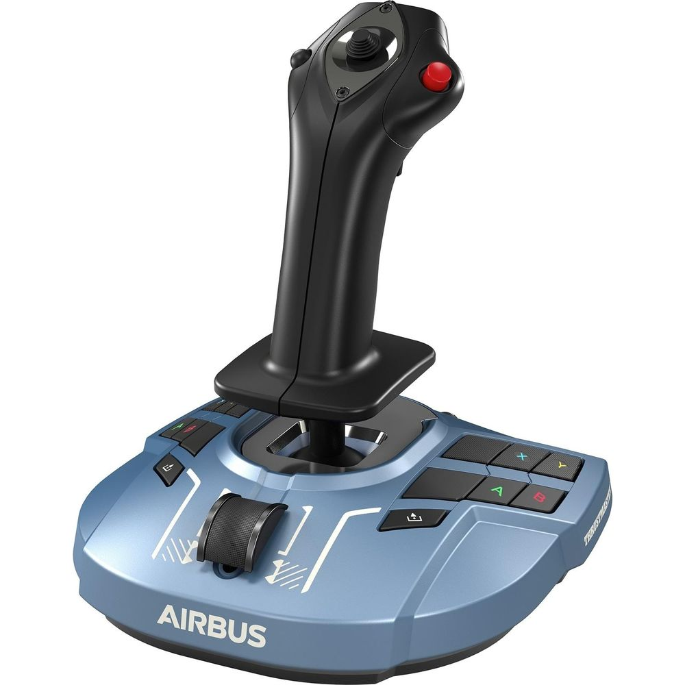Niebieski joystick Airbus z czarnym uchwytem i czerwonymi przyciskami.