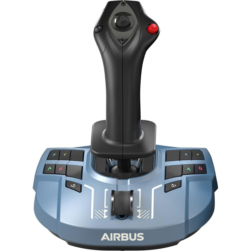 Niebieski joystick Airbus z czarnym uchwytem, przyciskami i kółkiem.