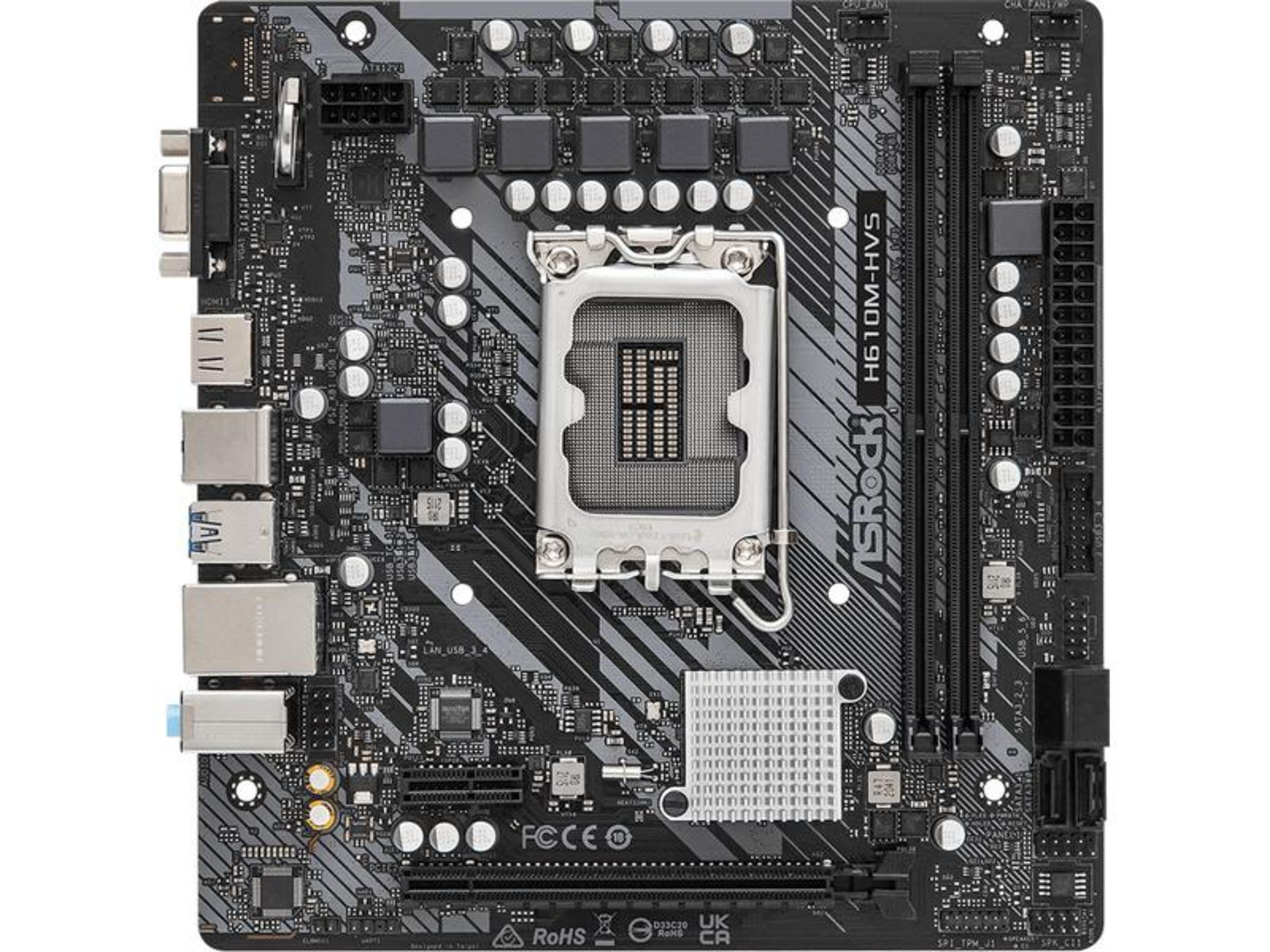 ASRock H610M-HVS Motherboard mit CPU-Sockel, RAM-Steckplätzen und Anschlüssen.