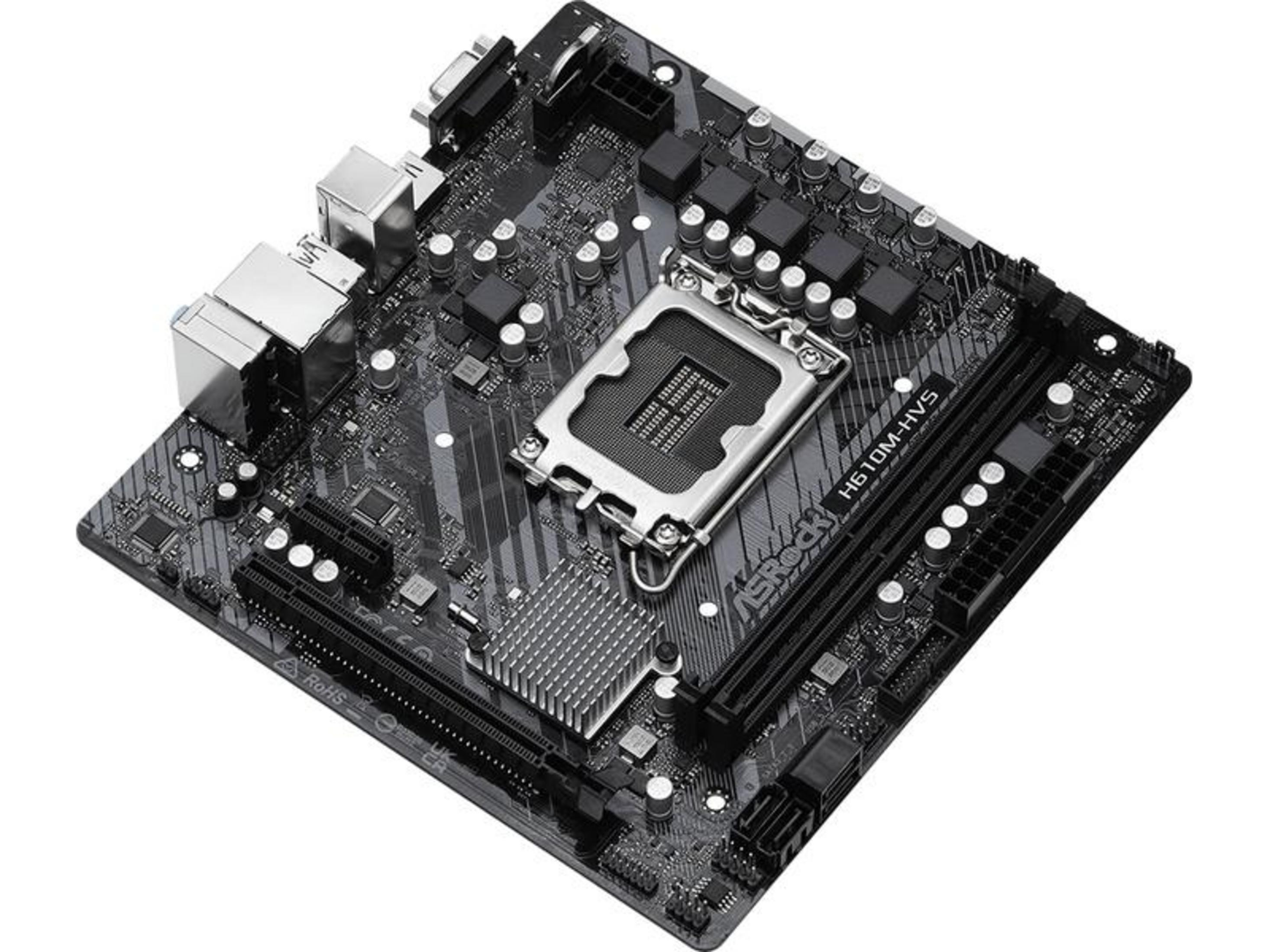 Eine schwarze Hauptplatine mit CPU-Sockel, RAM-Steckplätzen und Kühlkörper.