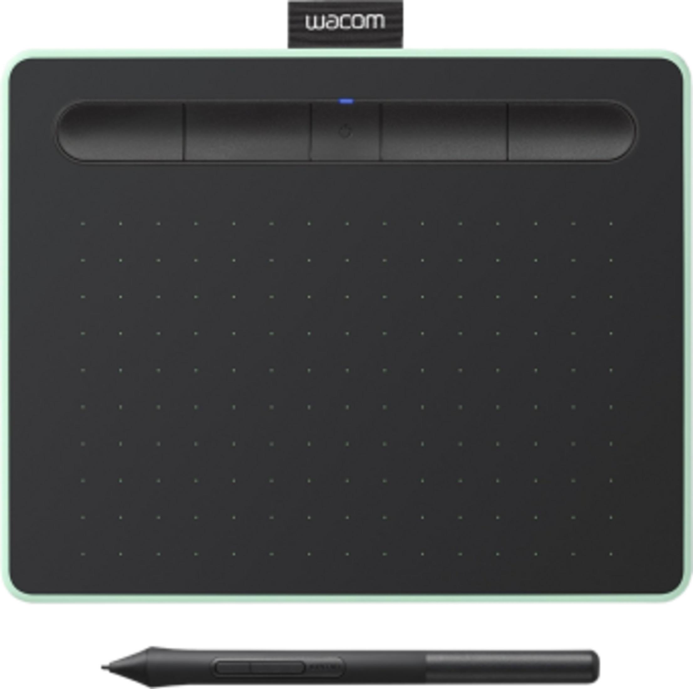 Czarny tablet graficzny z piórkiem i logo Wacom.
