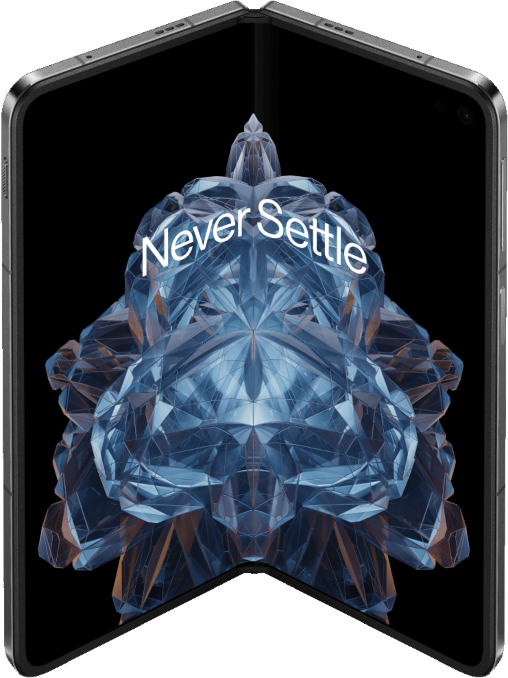 Składany telefon prezentuje niebieski kryształowy wzór z napisem "Never Settle".
