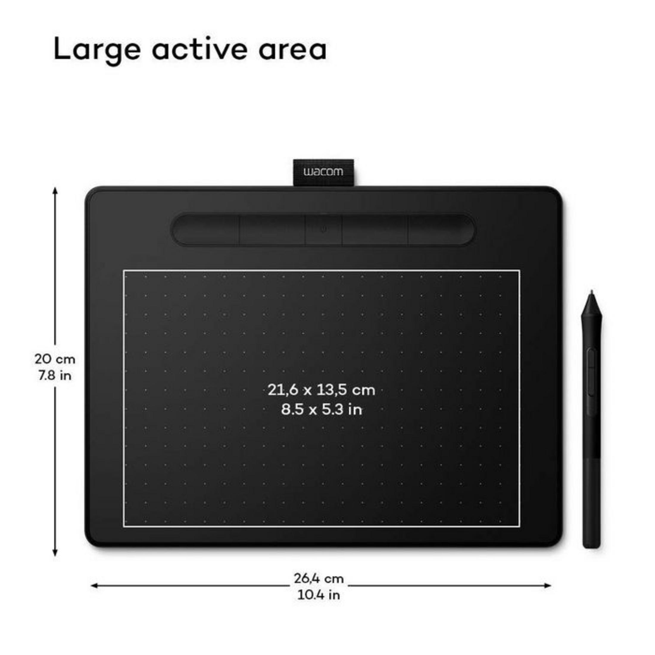 Una tableta gráfica Wacom negra con un lápiz. Se muestran las dimensiones.