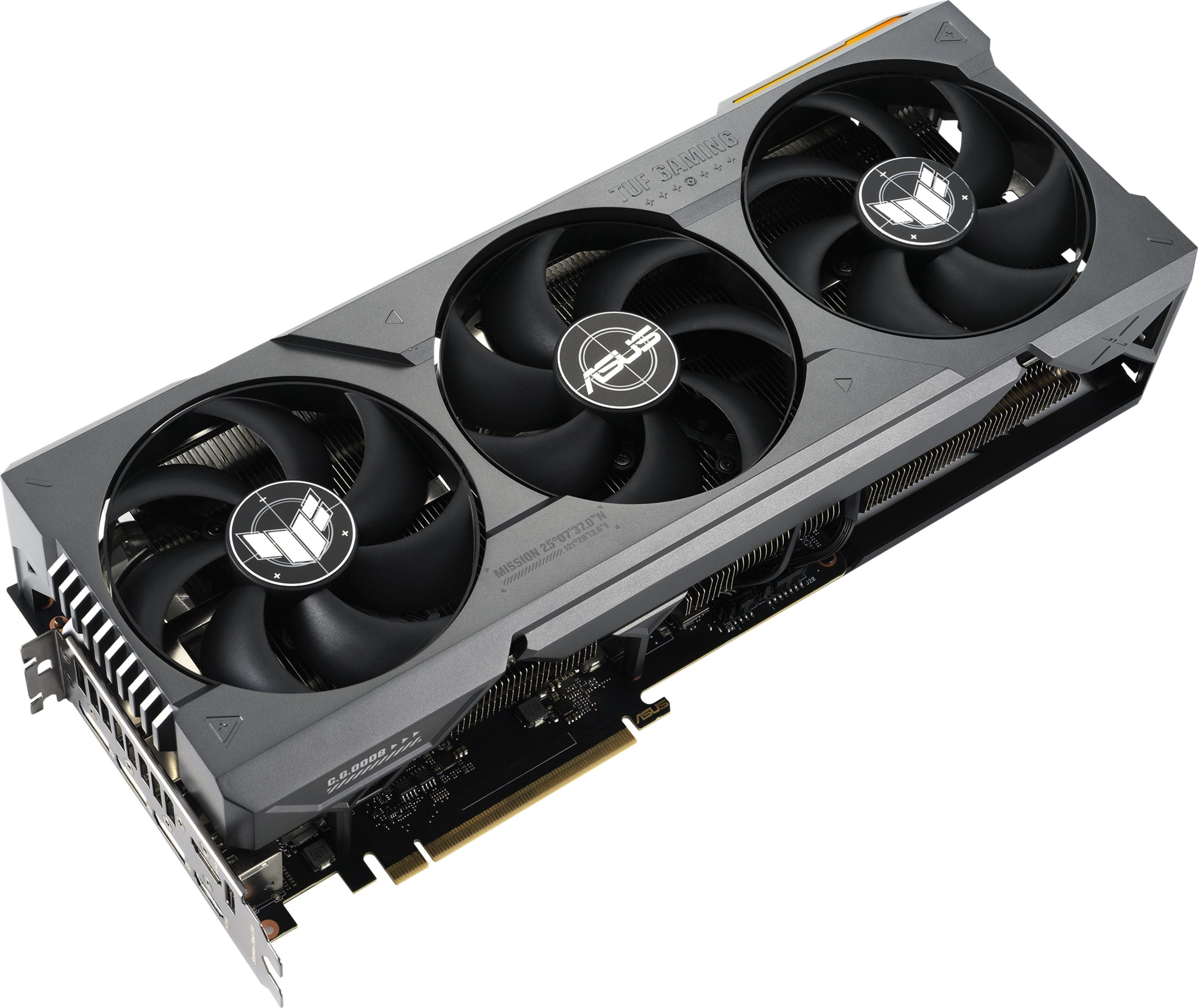 Scheda grafica grigia con tre ventole, logo ASUS e scritta "TUF GAMING".