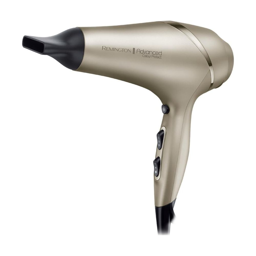 Złota suszarka do włosów Remington z czarną dyszą i przełącznikami.