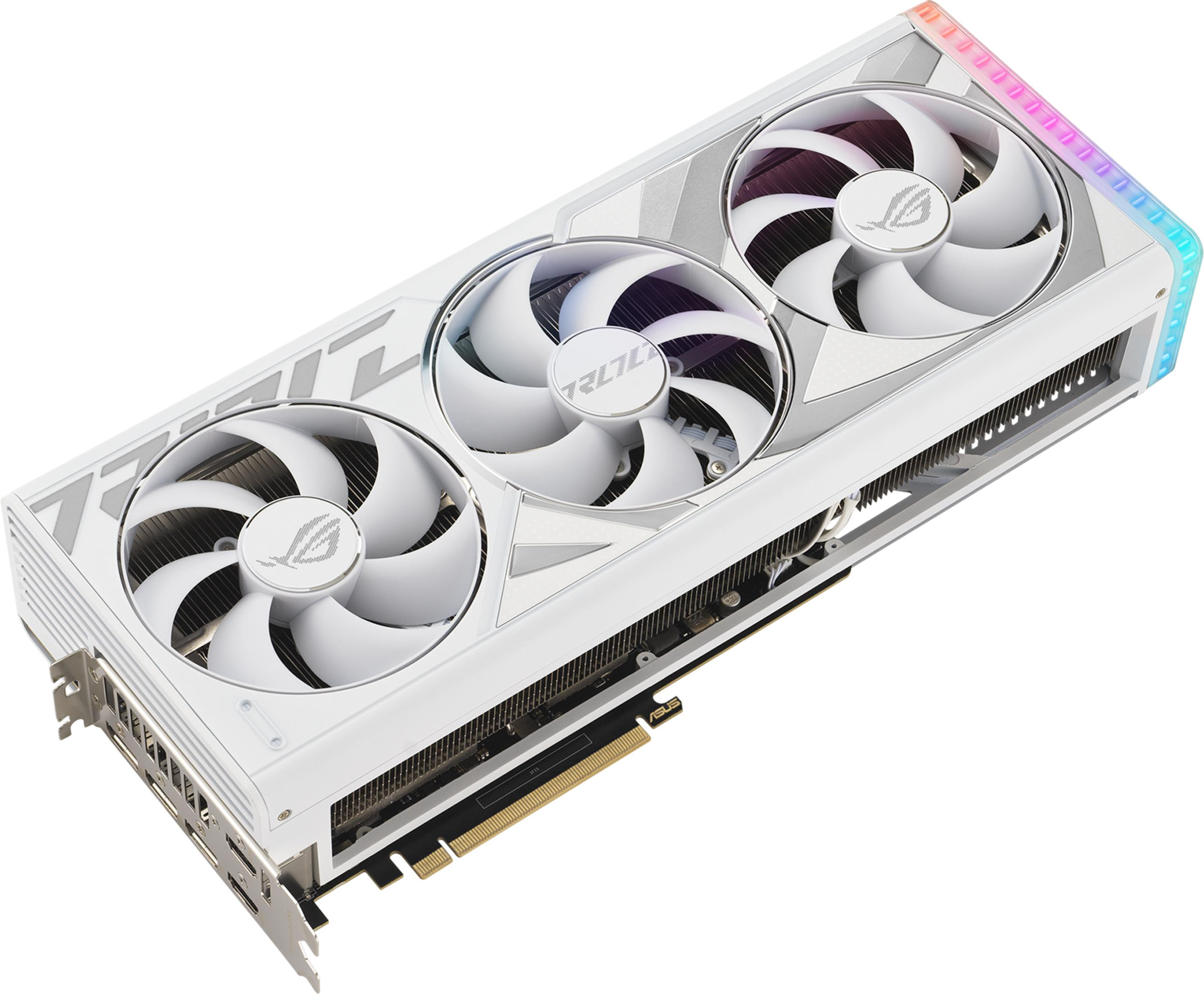 Una scheda grafica bianca da gaming con tre ventole e illuminazione RGB.