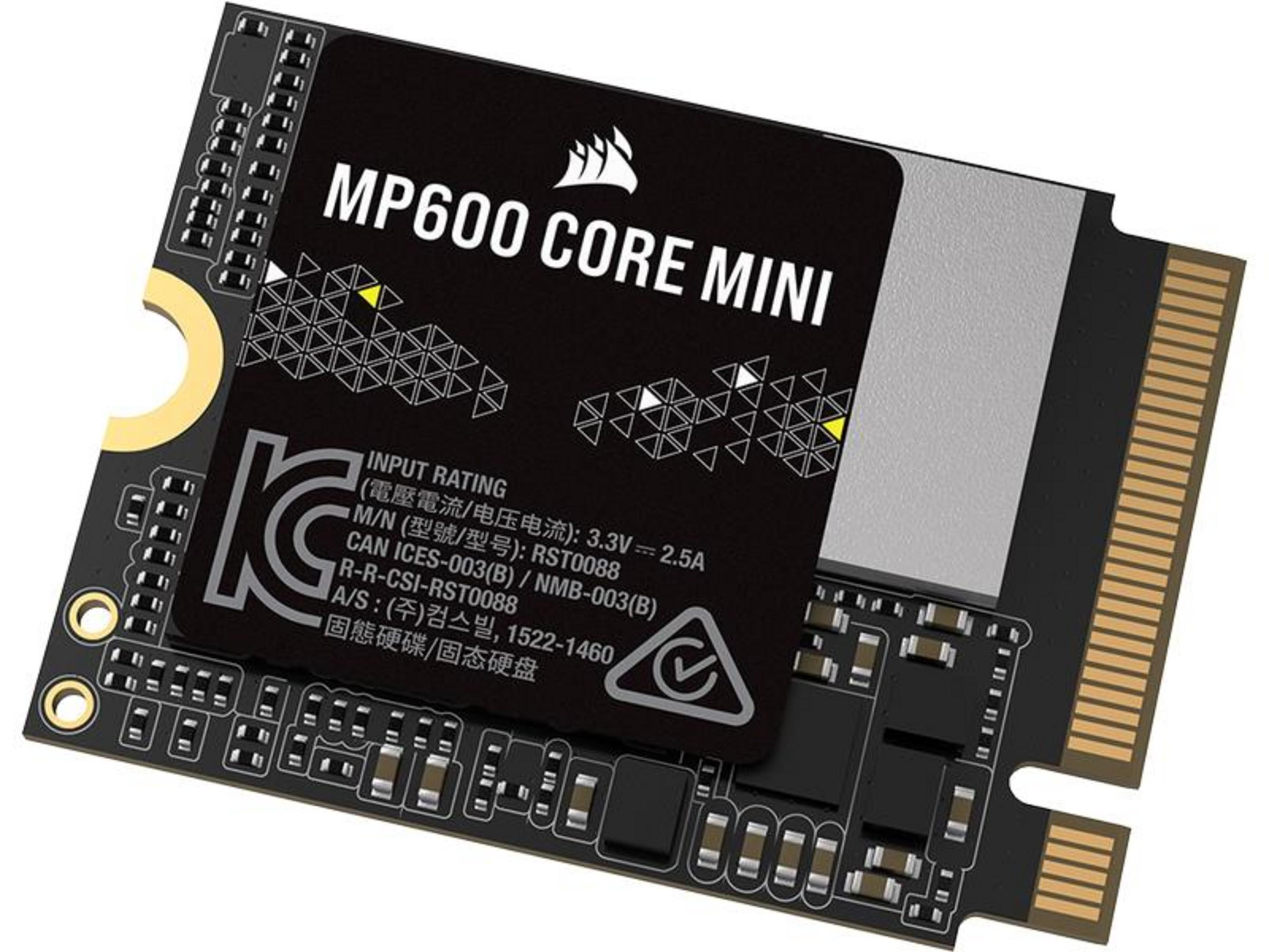 Dysk SSD Corsair MP600 Core Mini z tekstem, złotymi stykami i płytką drukowaną.
