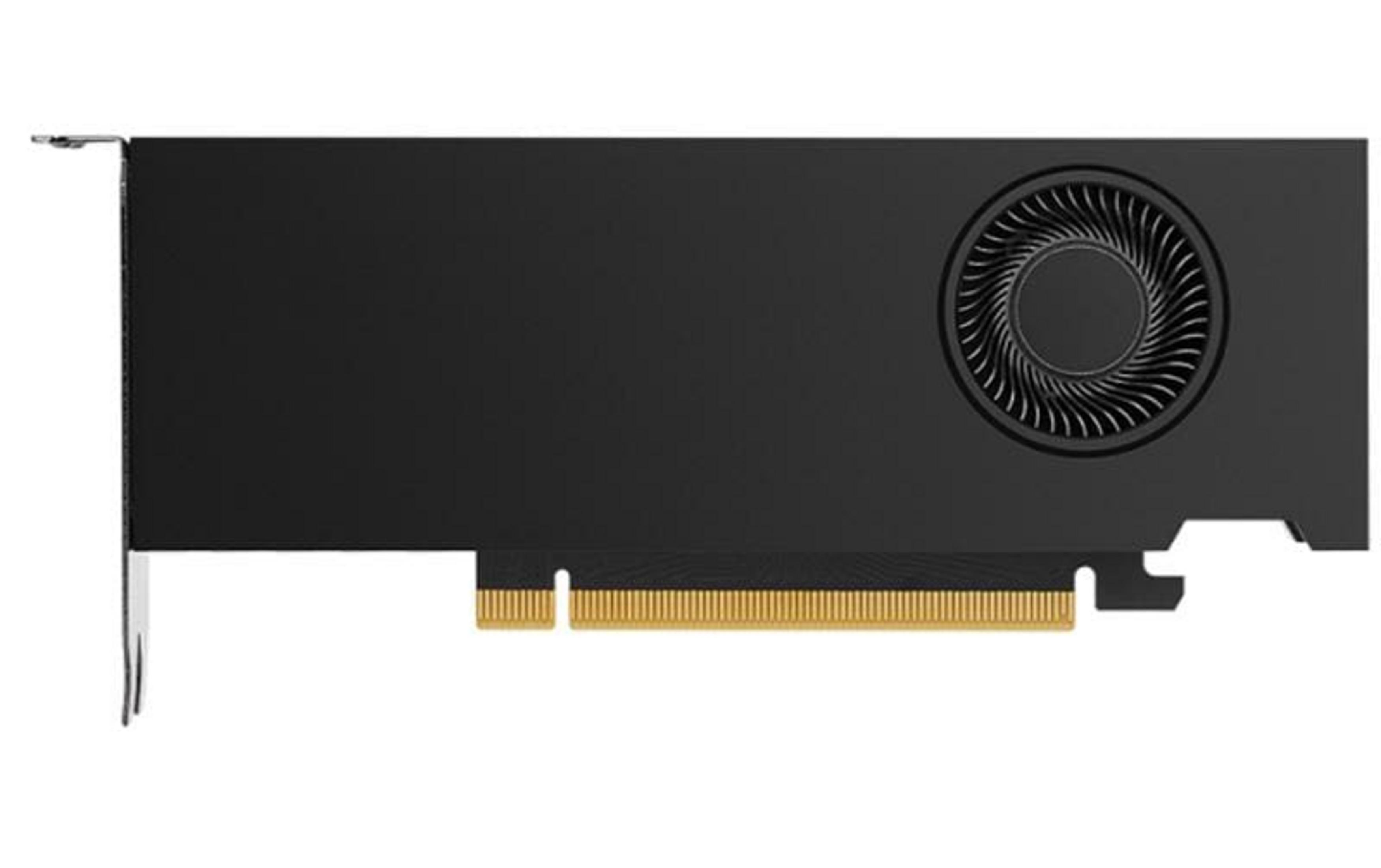 Una scheda grafica per computer nera con ventola e connettori dorati.