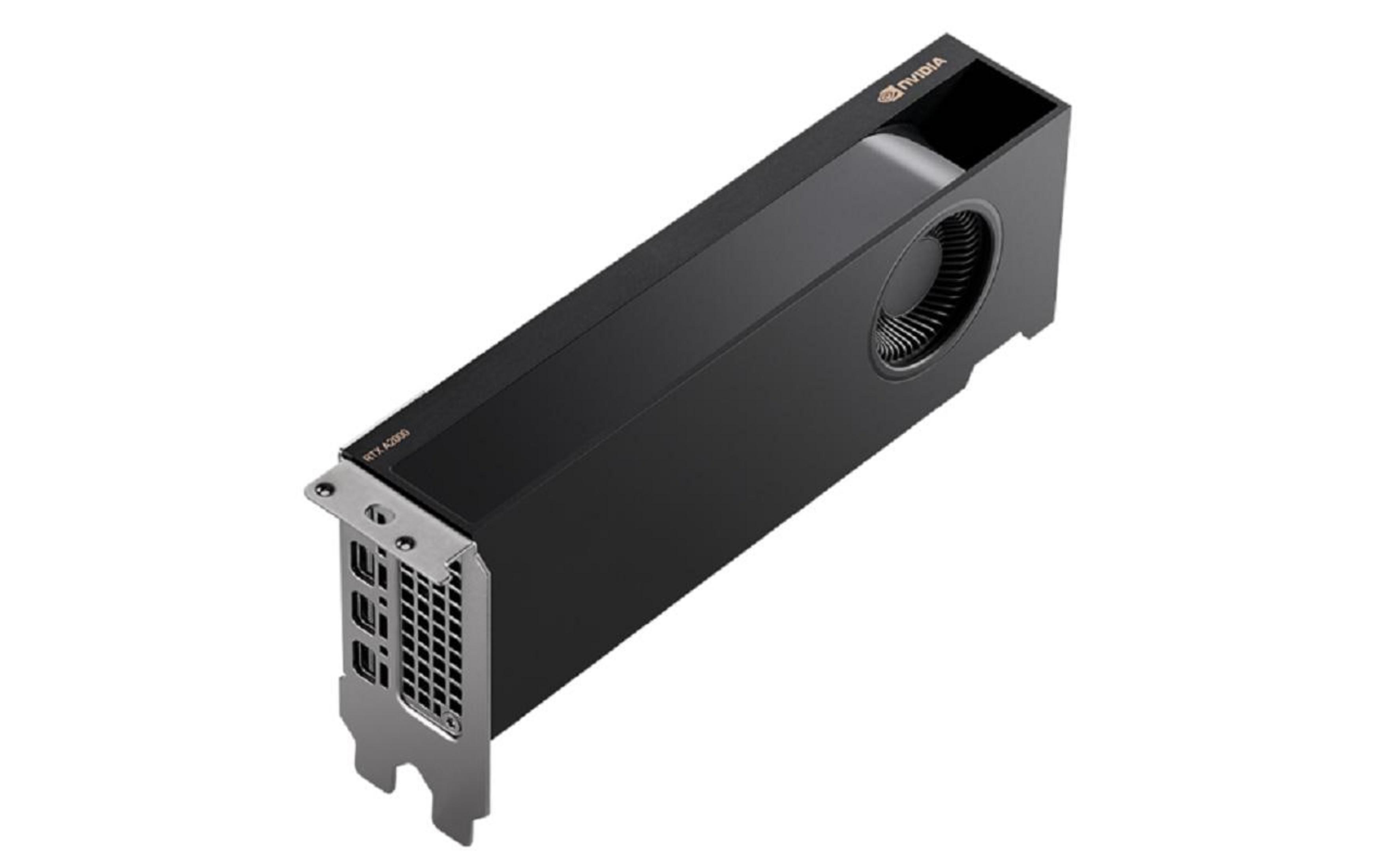 Scheda grafica Nvidia RTX A2000 nera con ventola e porte.