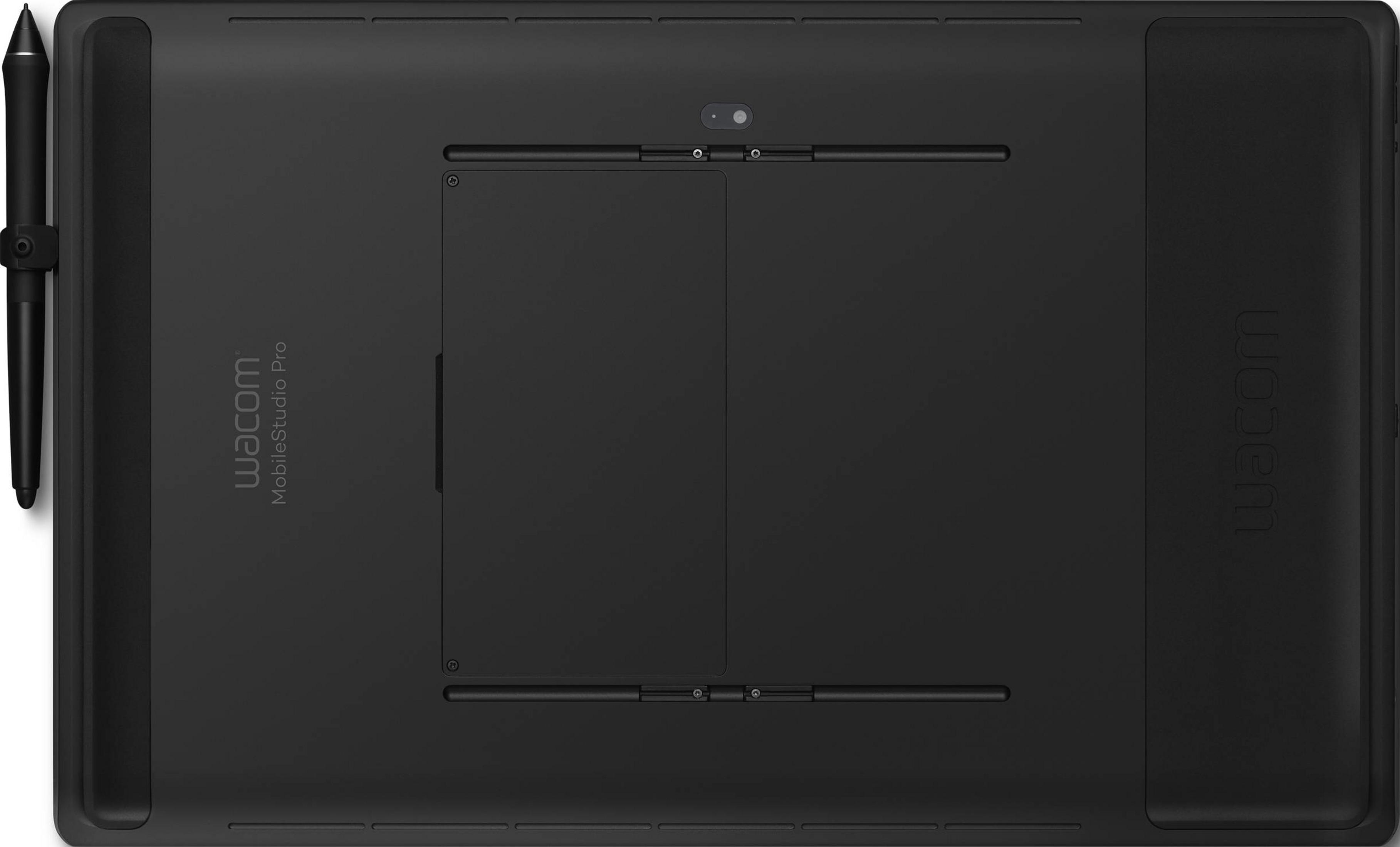 Rückseite eines schwarzen Wacom MobileStudio Pro mit Stifthalter und Schrauben.