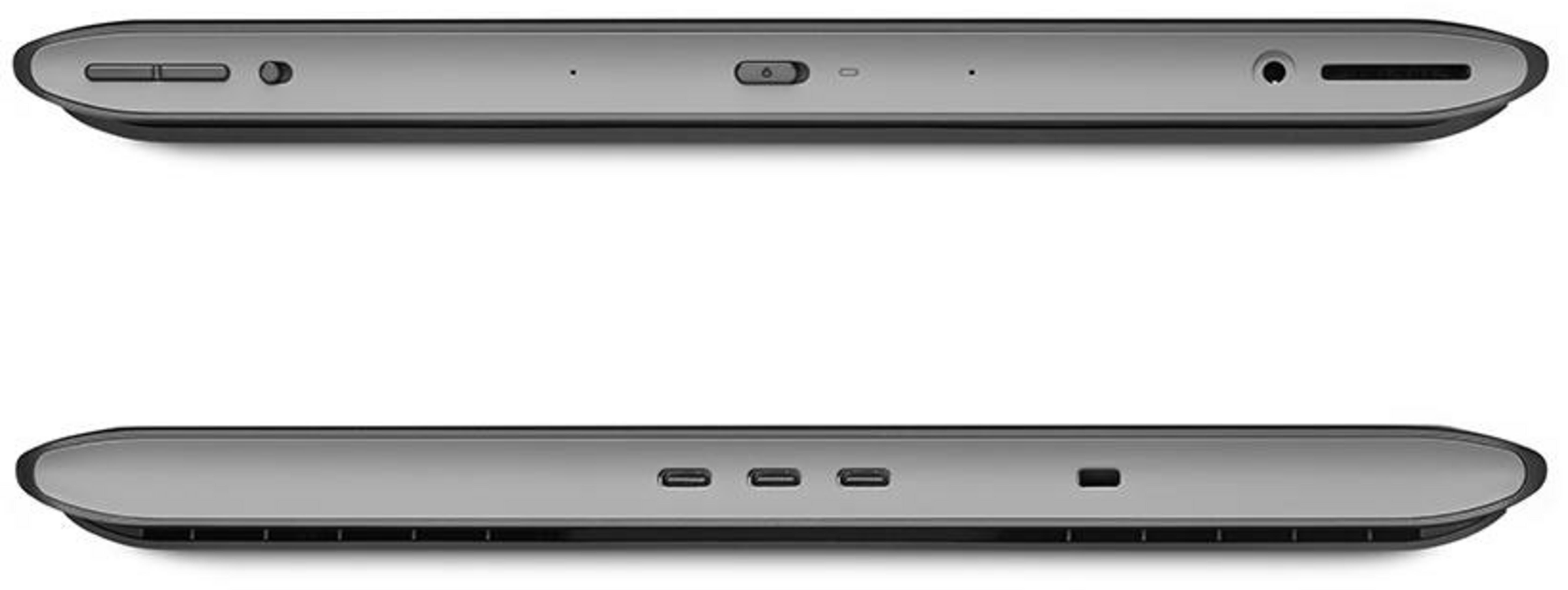 Oben und unten: Graue Laptop-Seitenansicht mit Anschlüssen.