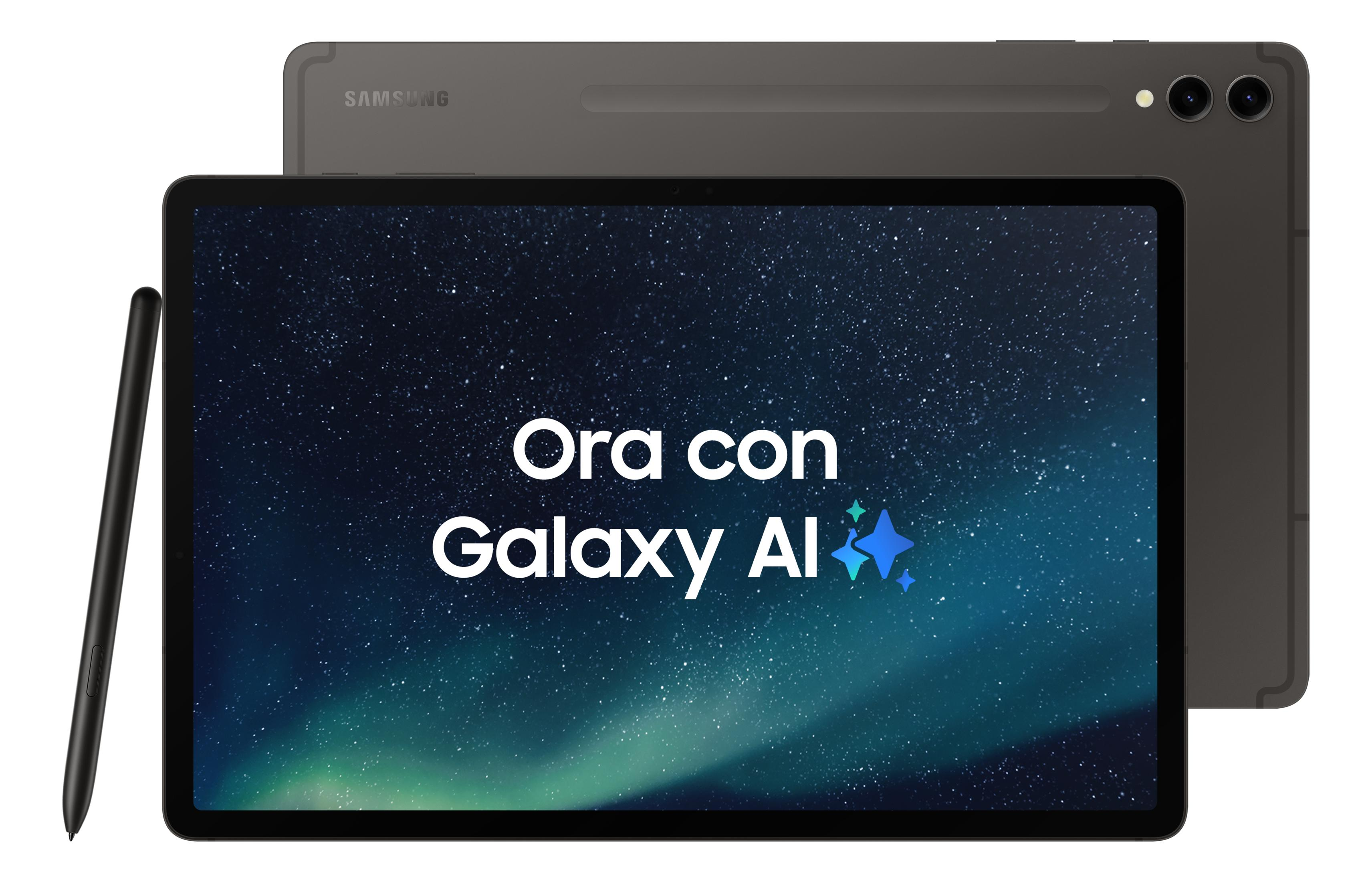 Szary tablet Samsung ze stylusem i tłem gwieździstego nieba.