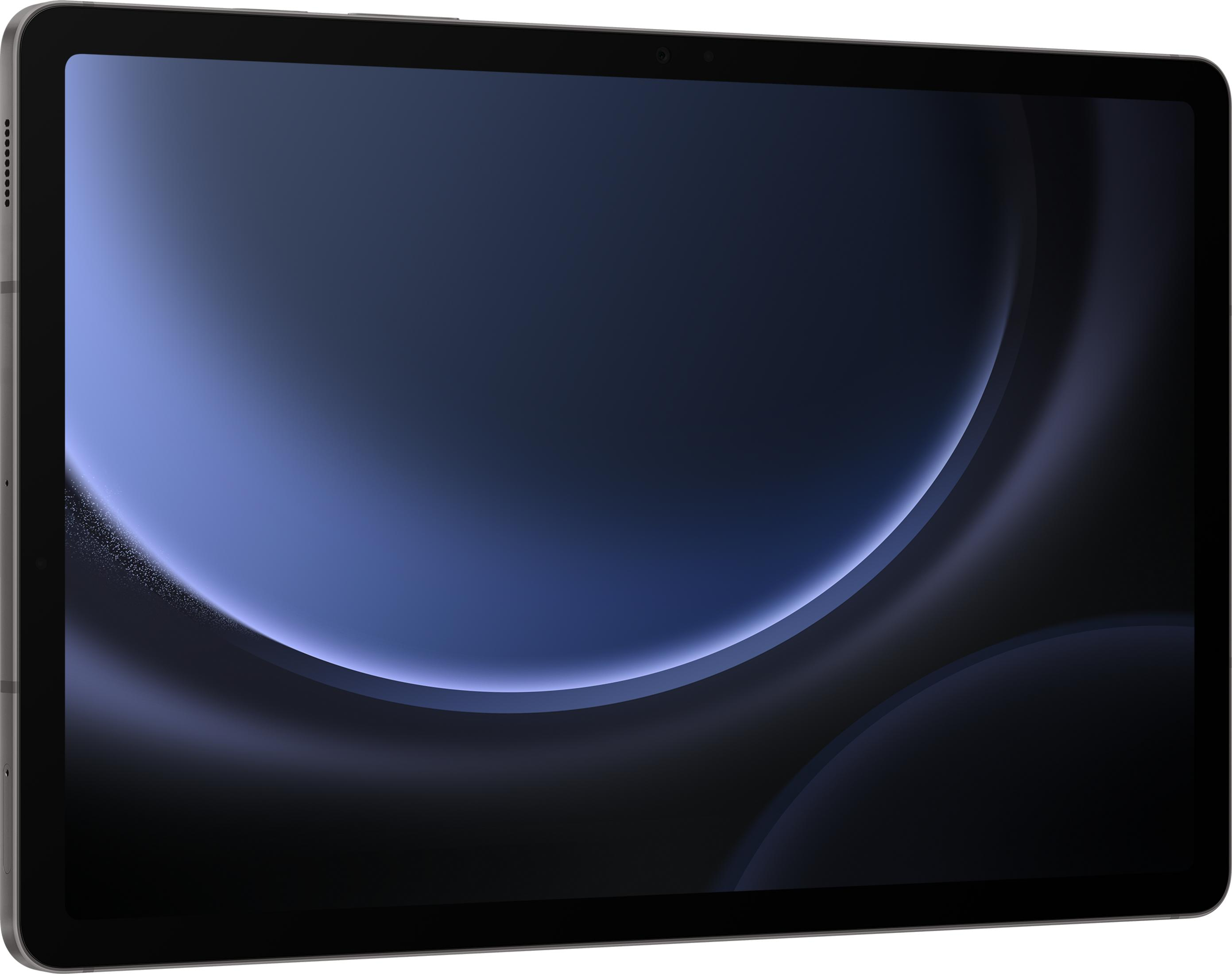 Una tableta oscura con fondo azul abstracto.