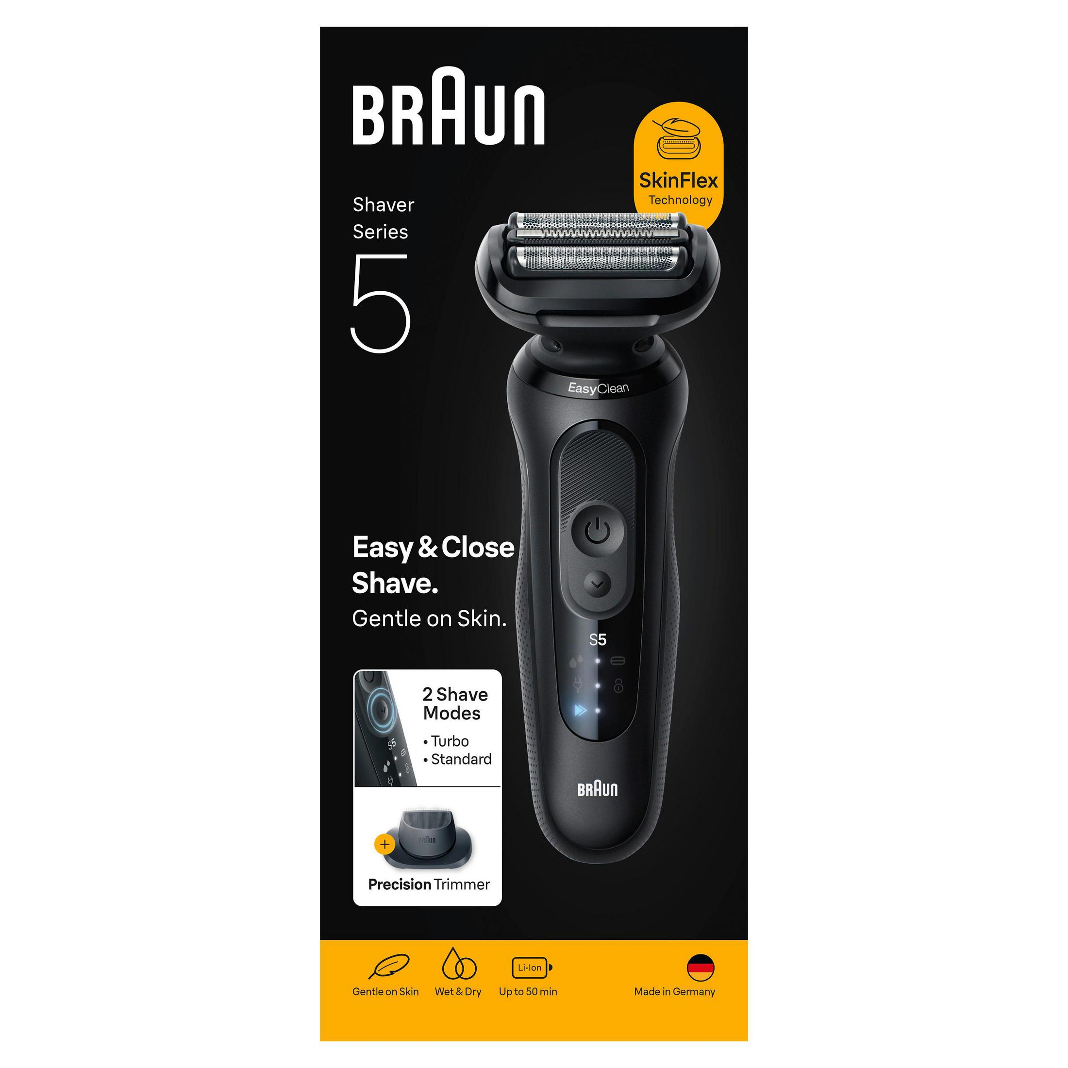 Siyah Braun Series 5 elektrikli tıraş makinesi, SkinFlex teknolojisi ve hassas düzeltici ile.
