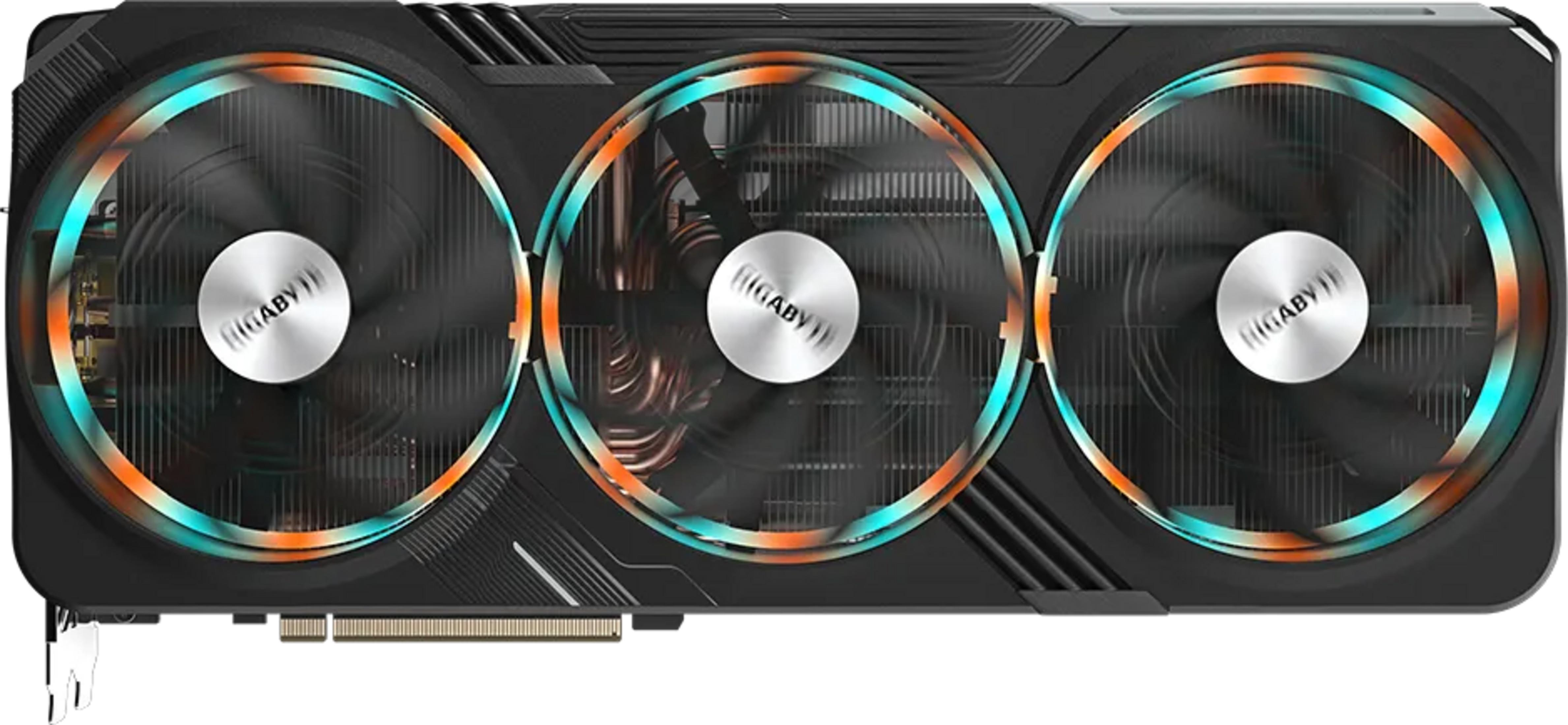 Ein schwarzer Grafikkartenlüfter mit RGB-Beleuchtung und Gigabyte-Logo.