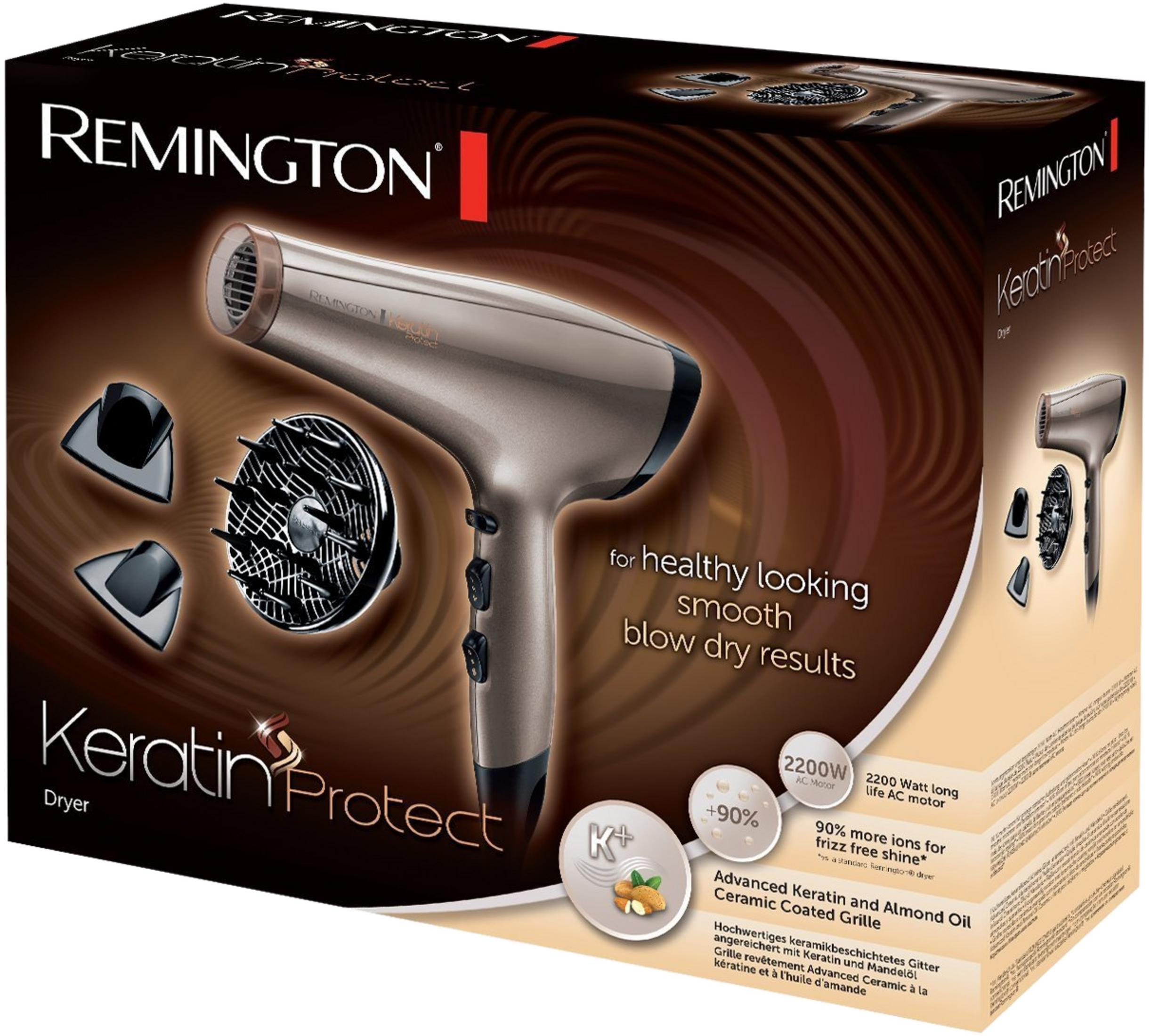 Suszarka do włosów Remington Keratin Protect z akcesoriami i cechami produktu.