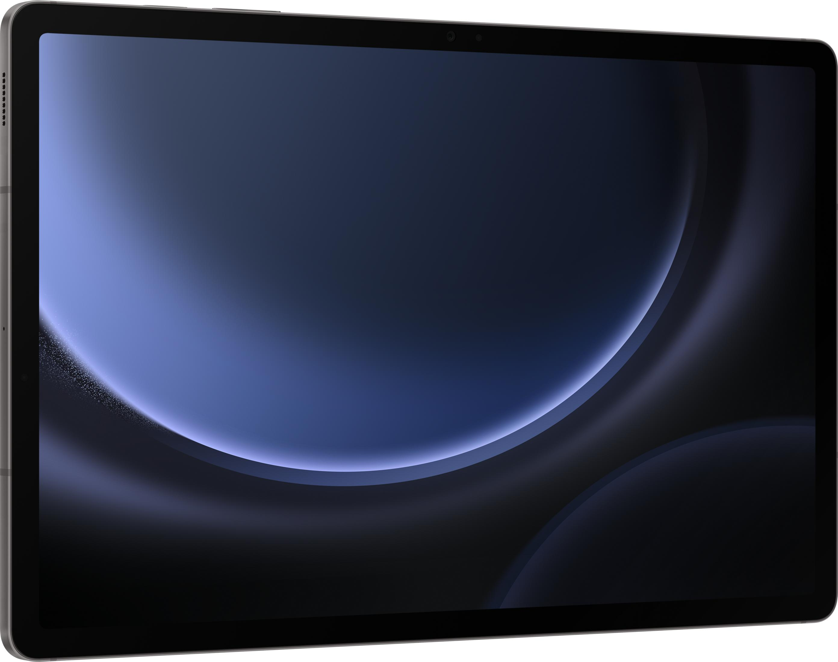 Una tableta oscura con un fondo azul abstracto y curvas brillantes.